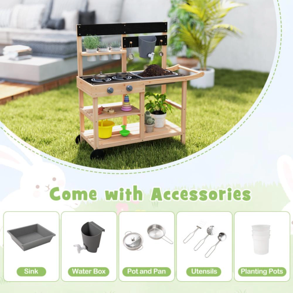 Hivvago Outdoor Fir Wood Play Kitchen with Blackboard and Planting Pots-Natural