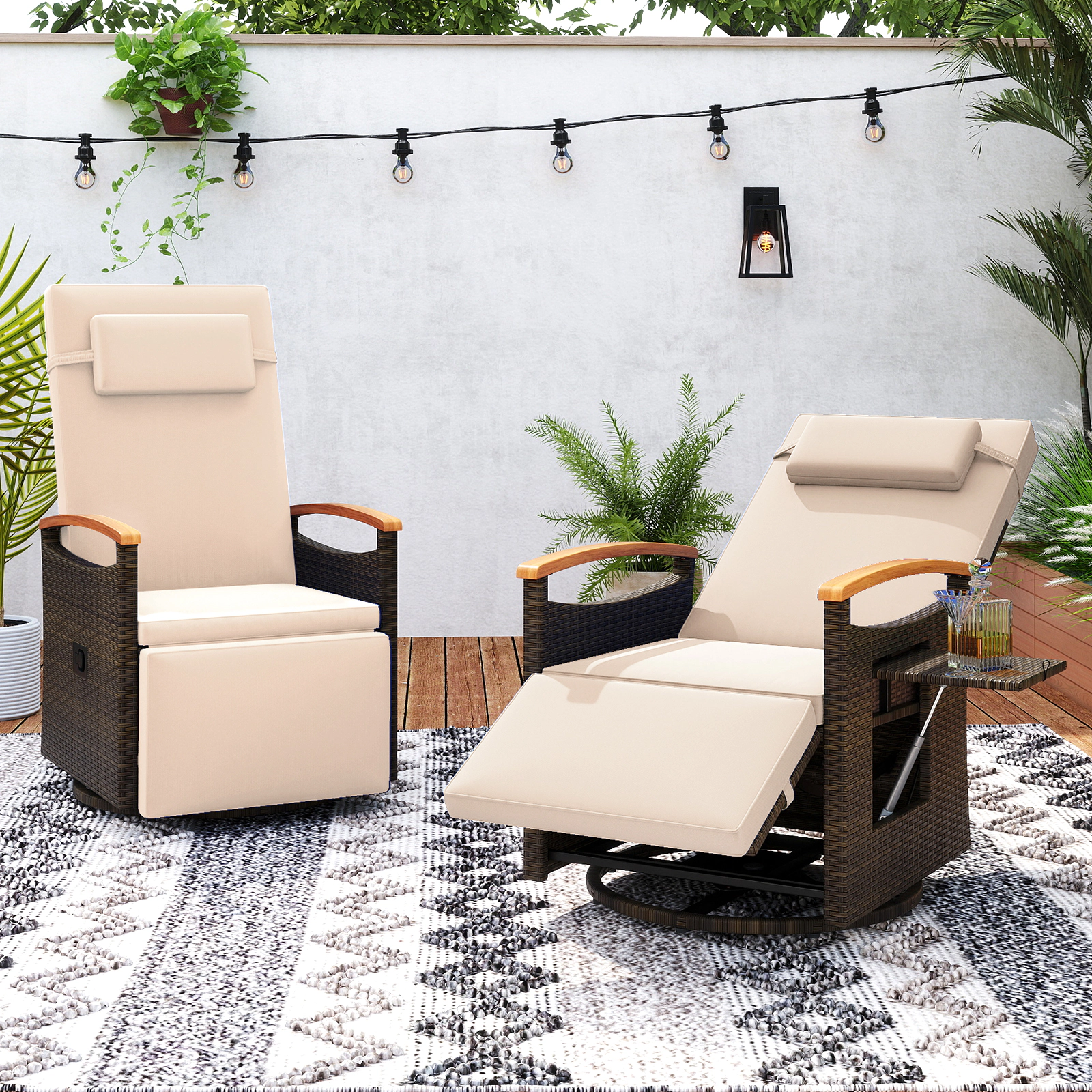 LJG Patio Rattan 360° Swivel Recliner Chair with Adjustable Backrest and Footrest