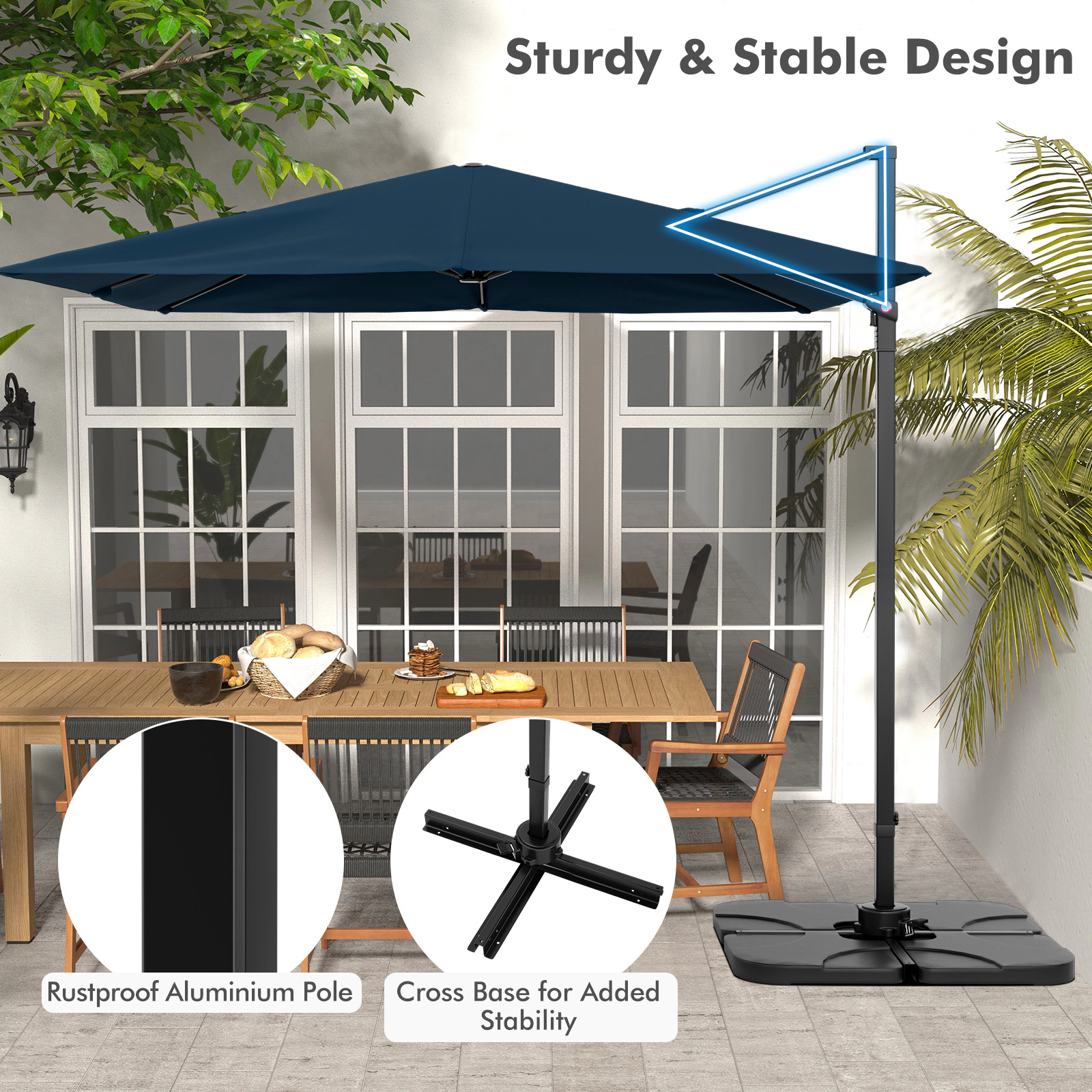 SUGIFT Navy 360-Degree Rotation and Cross Base 9.5 FT Square Cantilever Patio Umbrella