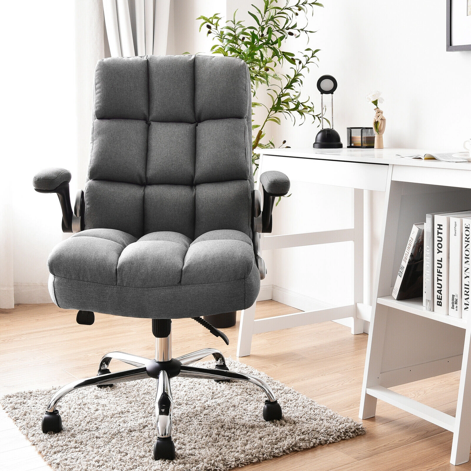 SUGIFT High Back Flip-up Armrests Linen Upholstered Swivel Office Chair 30-in x 28-in x 43-in 400-lb Capacity Gray