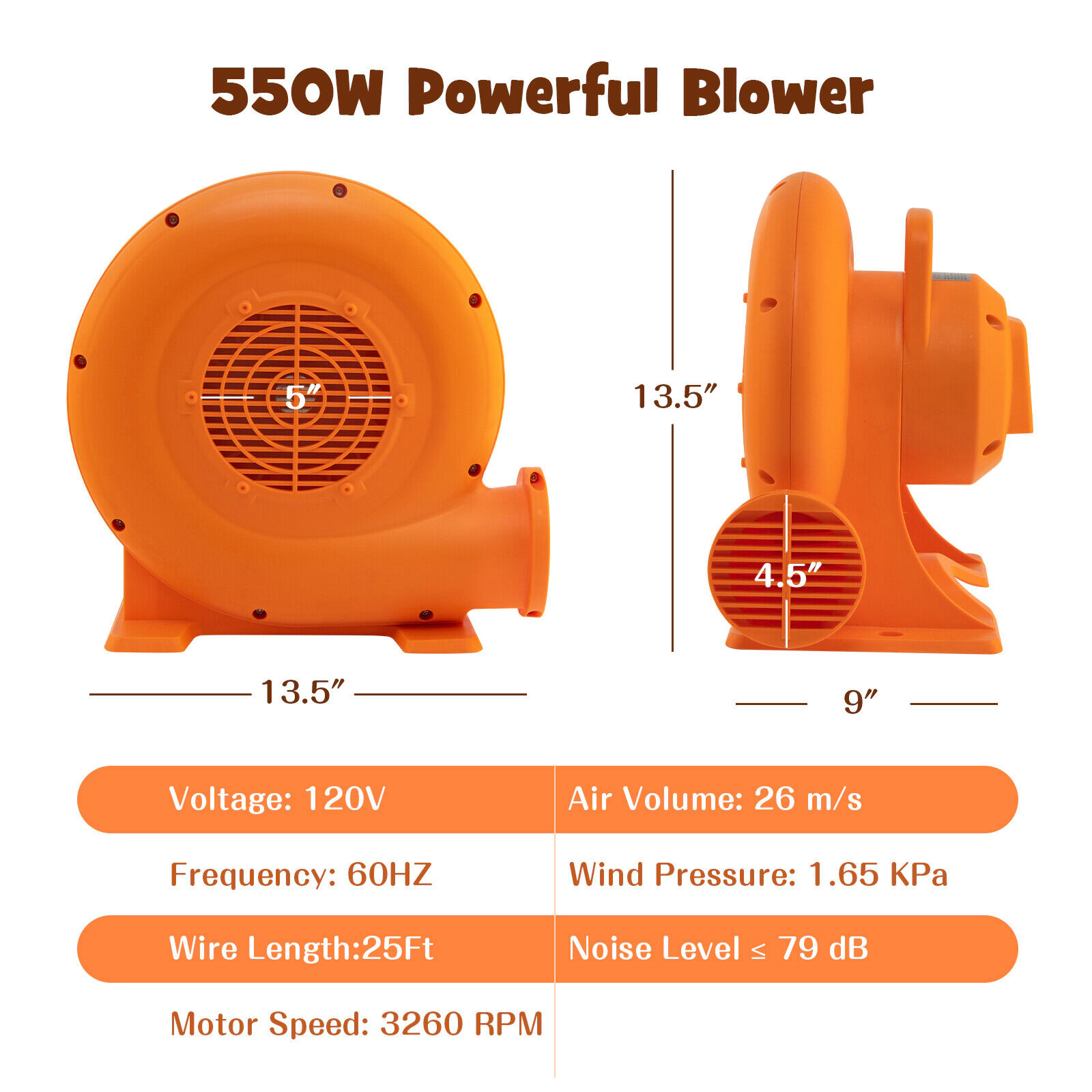 SUGIFT Orange 550W Air Blower for Kids Bounce House with 25-ft Cord and Ground Fault Plug 13.5-in W 9-in D