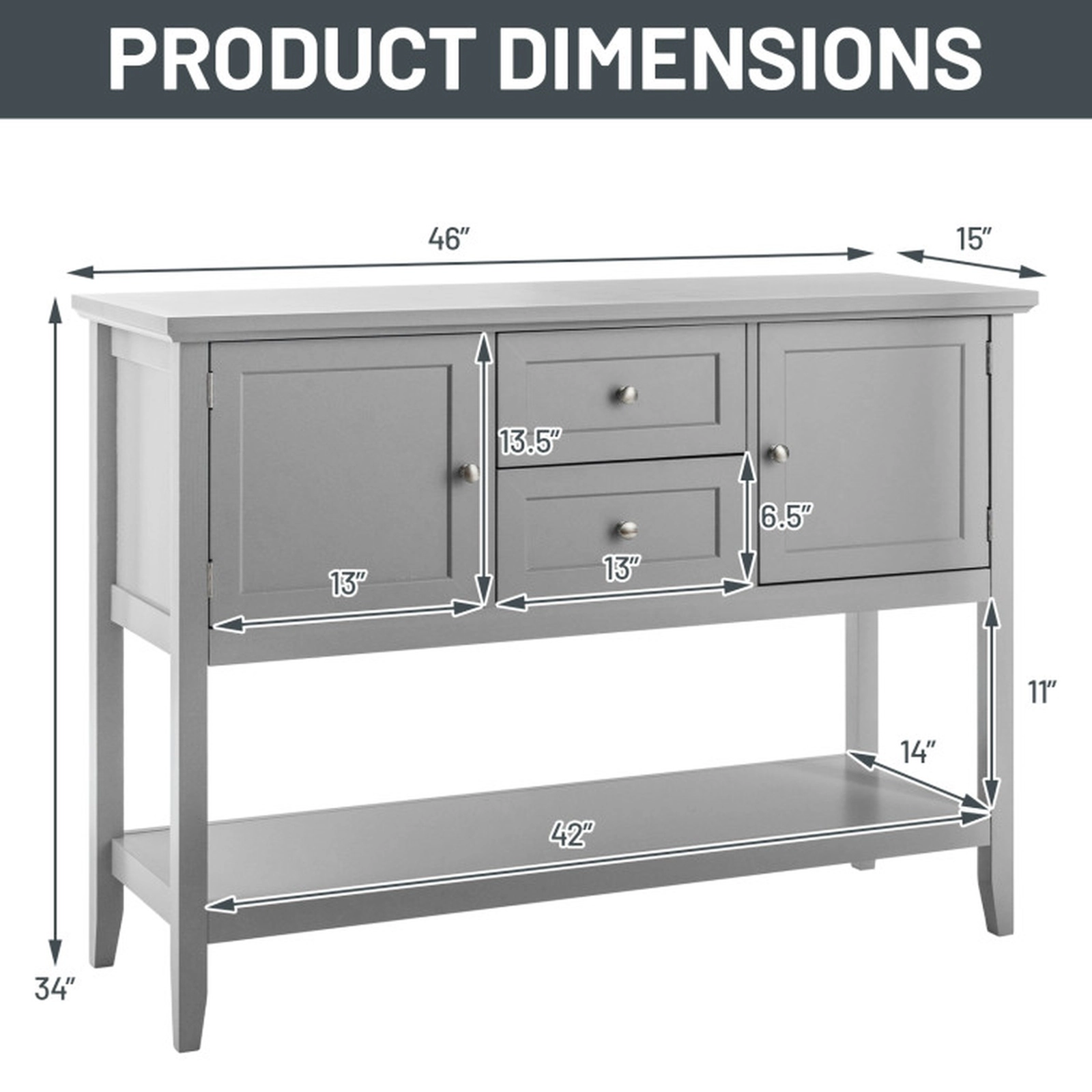 SUGIFT 46-in 220-lb Capacity Gray Wooden Sideboard Buffet Console Table with 2 Cabinets and 2 Drawers