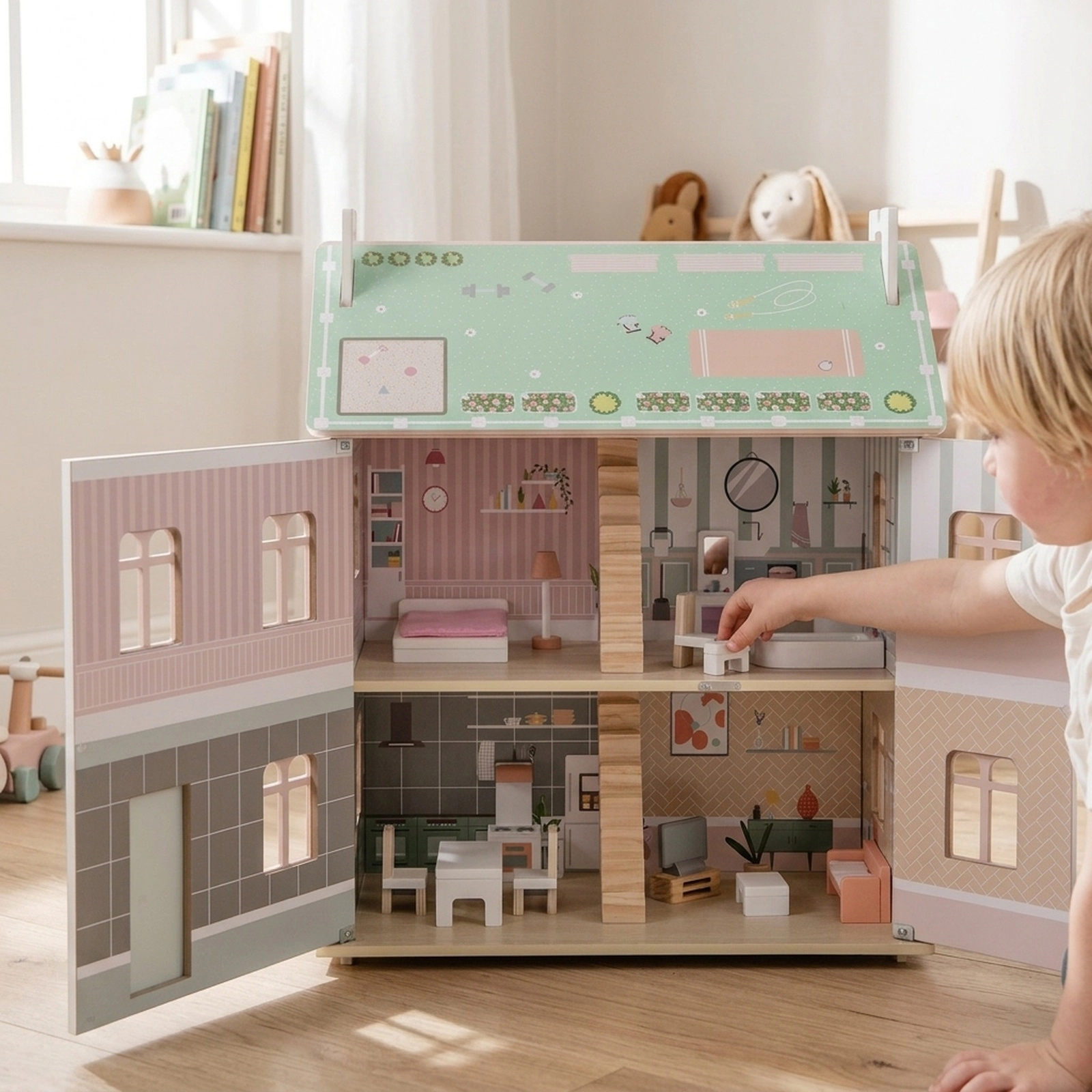 Kids Wooden Dollhouse 3 Level with Removable Double-Sided Roofs 22-in Pink Doll House