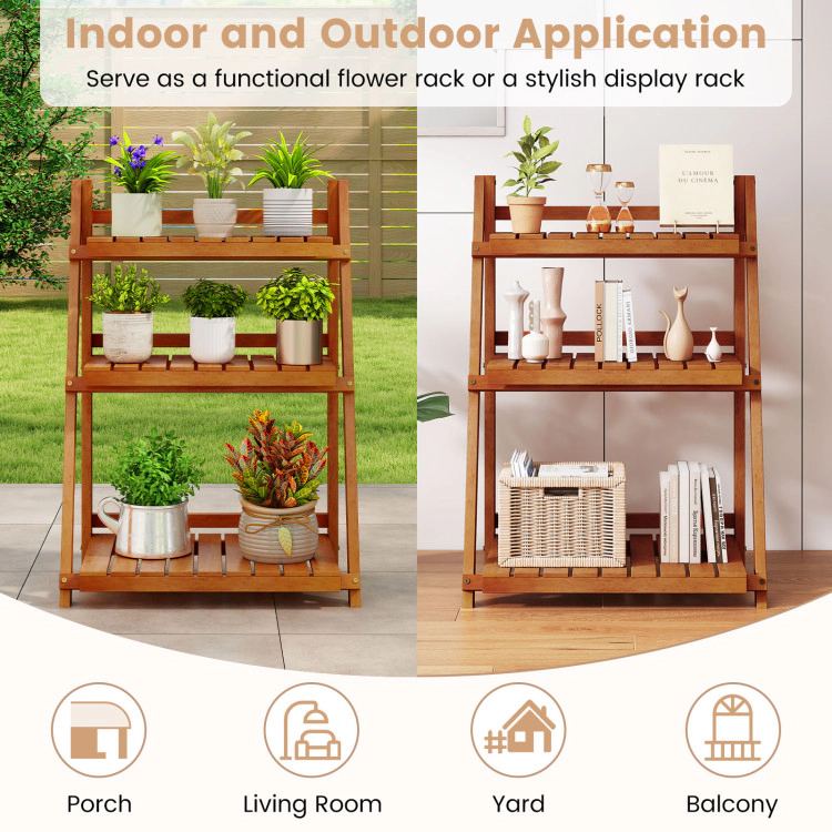 Hivvago Foldable 3-Tier Solid Wood Plant Stand for Patio Balcony