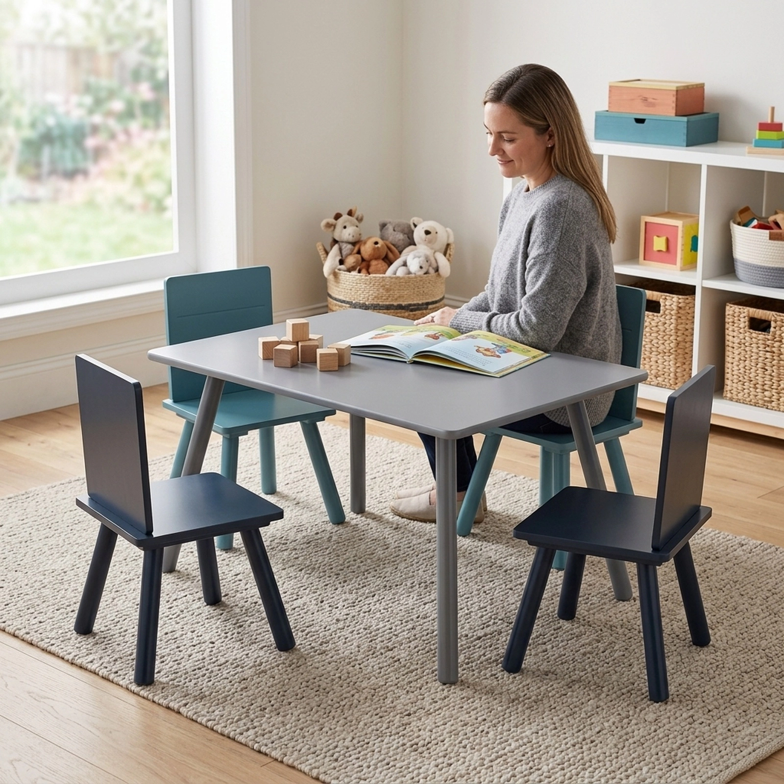 SUGIFT 5-Piece Kids Activity Table and 4 Chairs Set with Building Blocks, Blue