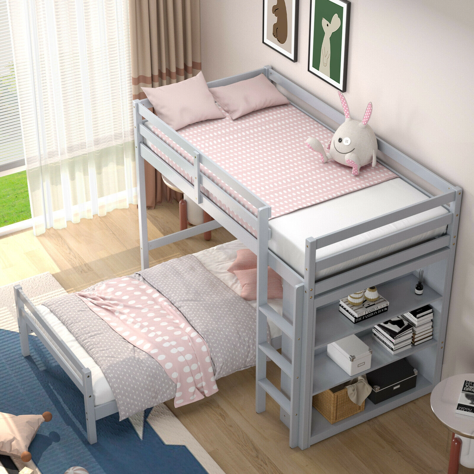 SUGIFT Twin-Over-Twin Loft Bunk Bed with 4-Tier Bookcase, Gray