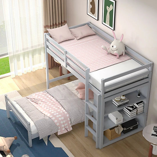 SUGIFT Twin-Over-Twin Loft Bunk Bed with 4-Tier Bookcase, Gray