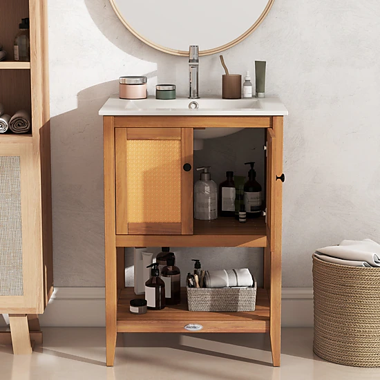 SlickBlue Bathroom Vanity with Ceramic Sink, Open Shelf and 2 Door Storage Cabinet