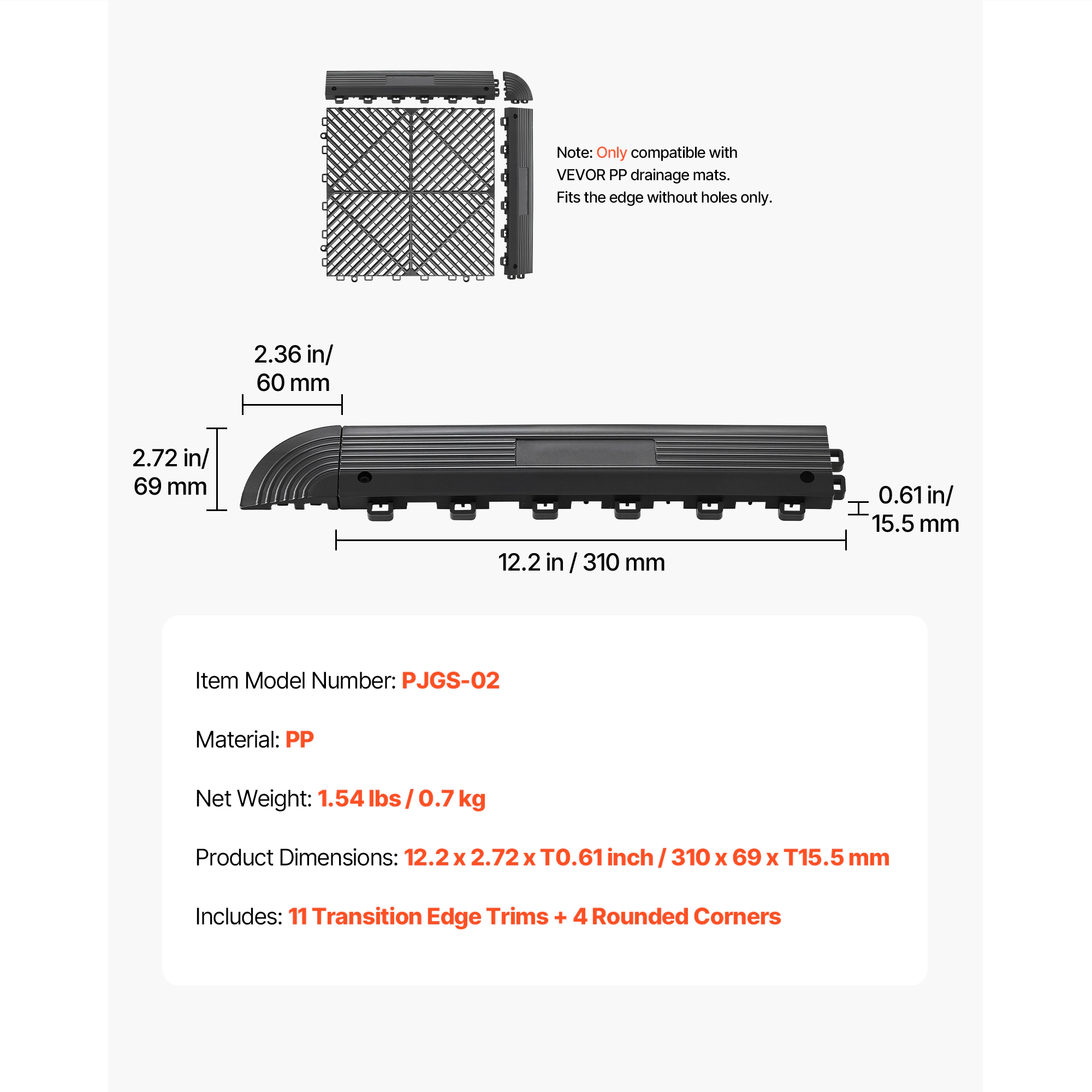 HONGGE Transition Edge Kit 11-Piece Durable Garage Floor Edging PP Easy Installation Edge Protection for Wet Area