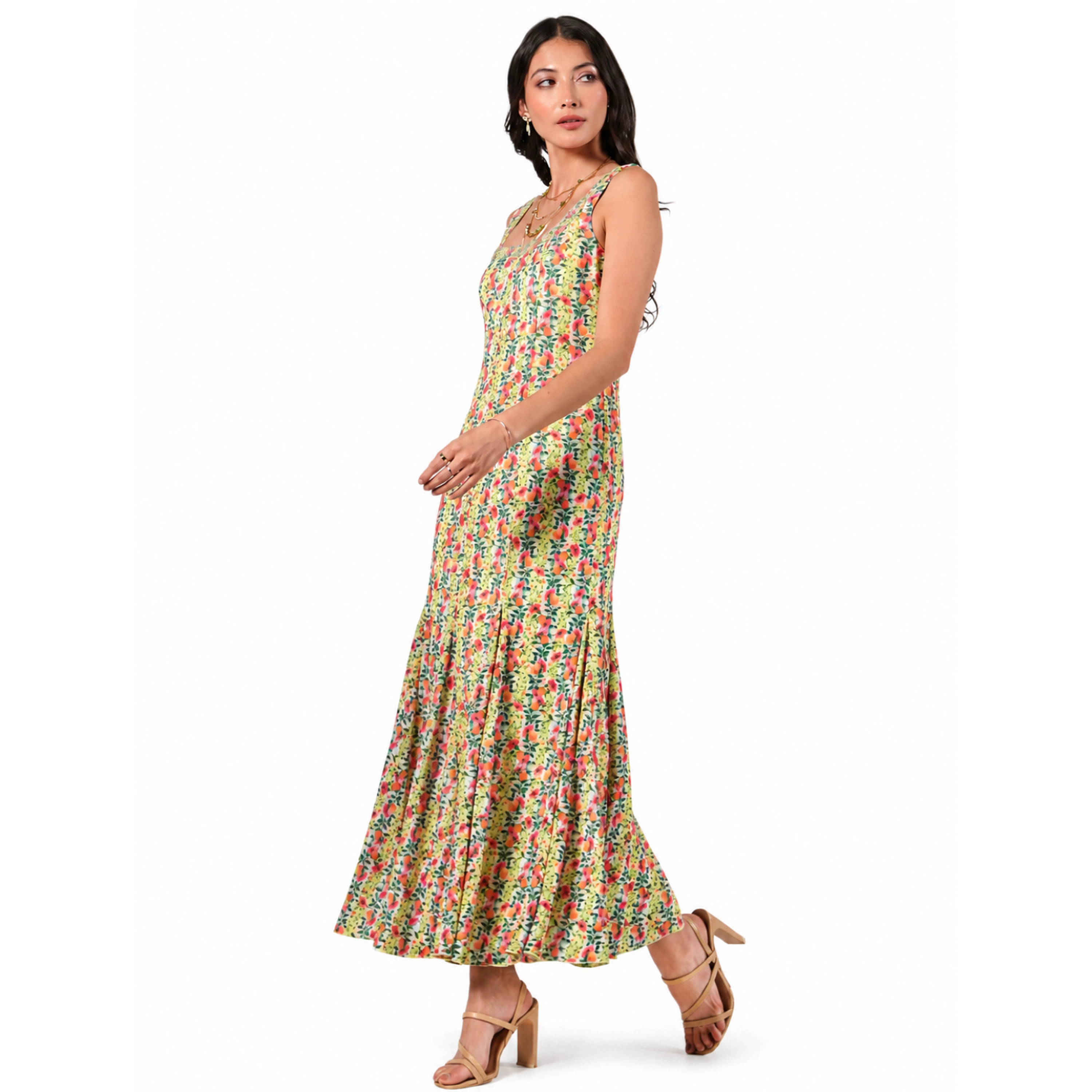 Rose & Nancy Women's Annie Fit and Flare Hand Embellished Yellow Pink Fruit Print Maxi Dress