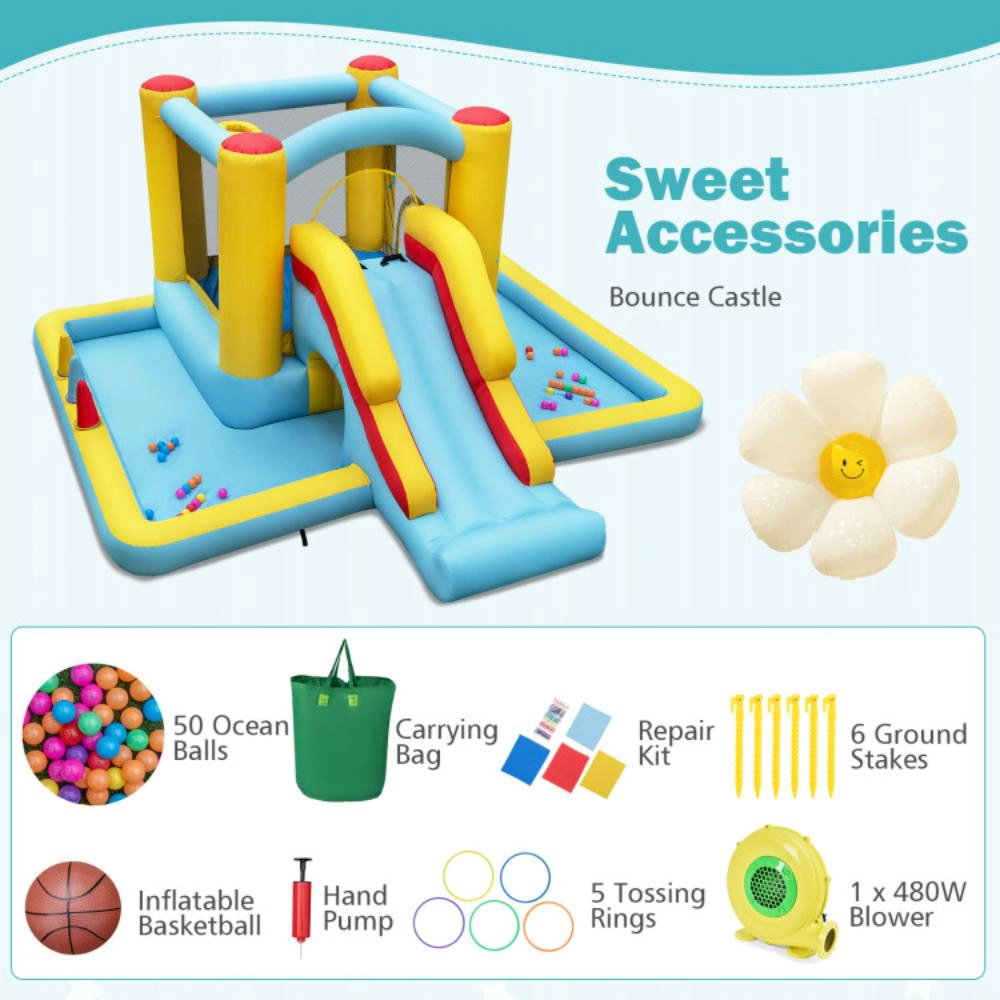 Hivvago Inflatable Bounce House 7-in-1 Bouncy Castle with Slide and Tunnel with 480W Blower