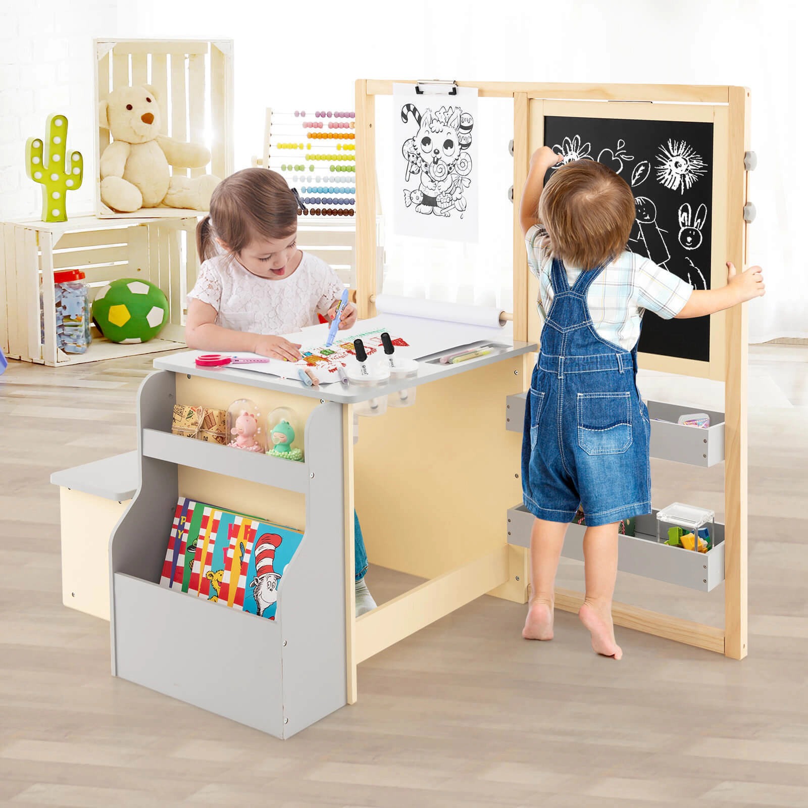 SUGIFT Kids Art Table and Bench Set with Double-Sided Easel, Magnetic Whiteboard, Chalkboard, Paper Roll, Gray