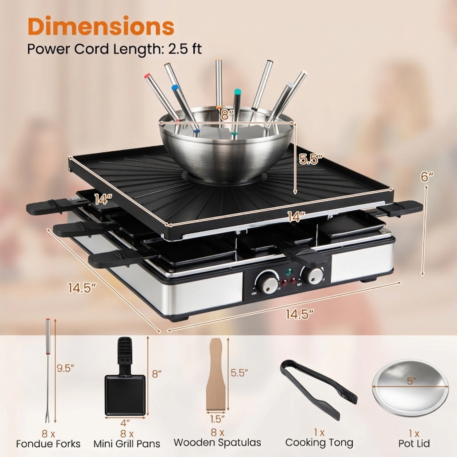 SUGIFT Black 1800W Raclette Table Grill for 8 with Fondue Pot Set Dual Thermostats and 26 Accessories