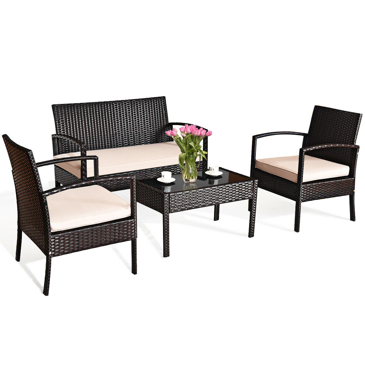 LJG 4 Pieces Patio Rattan Conversation Set with Loveseat Sofas and Coffee Table