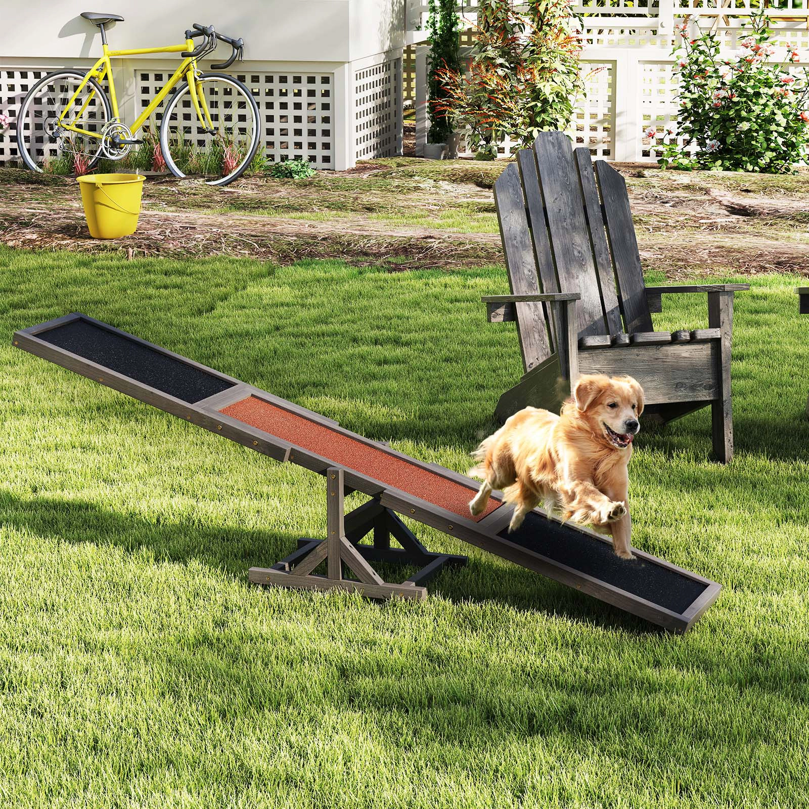 SUGIFT Outdoor Wooden Dog Agility Seesaw Training Ramp 66-lb Capacity Dog Exercise Toy Gray/White