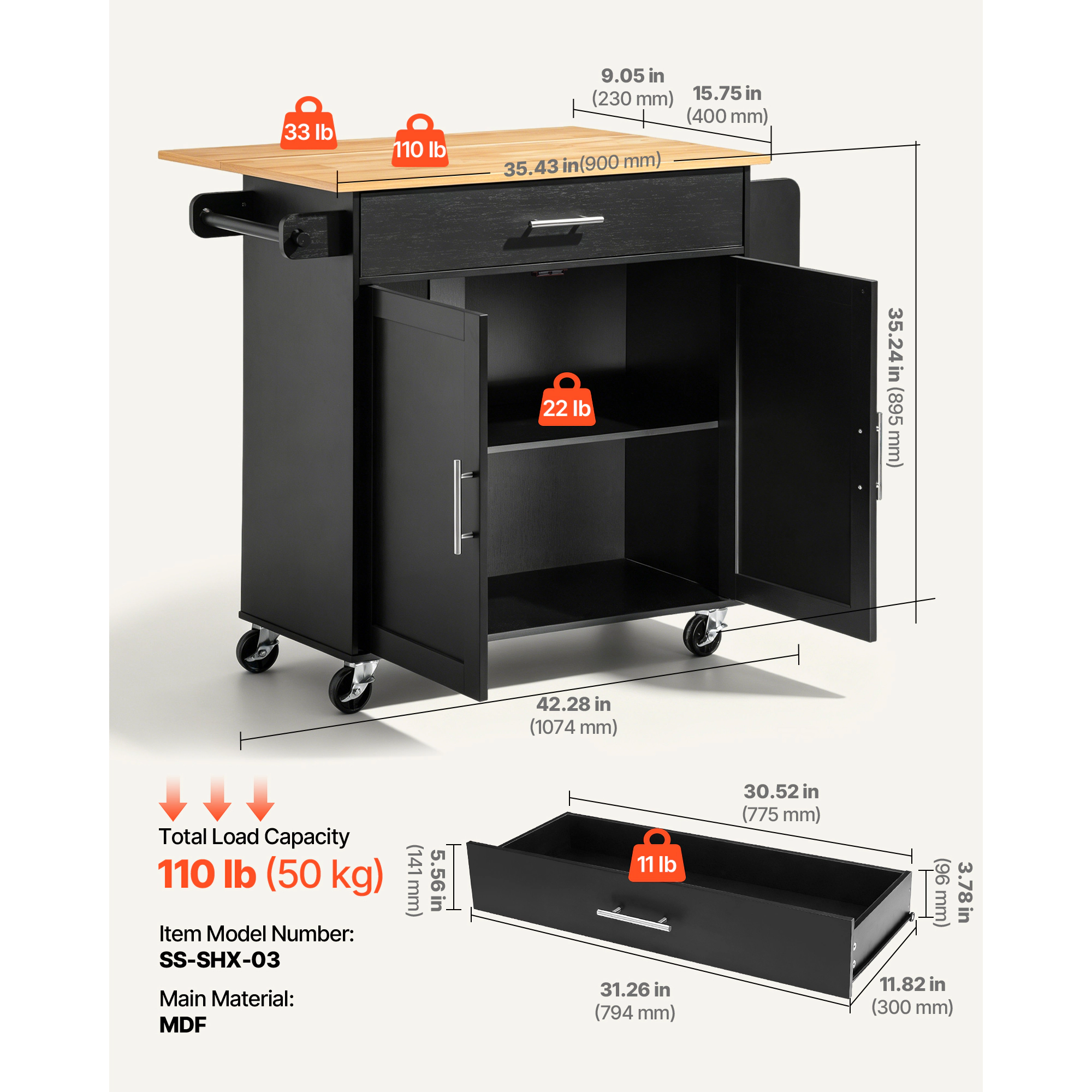 HONGGE Kitchen Island Cart with Storage 42.28 Wide Mobile Rolling on Swivel Wheels Drawer