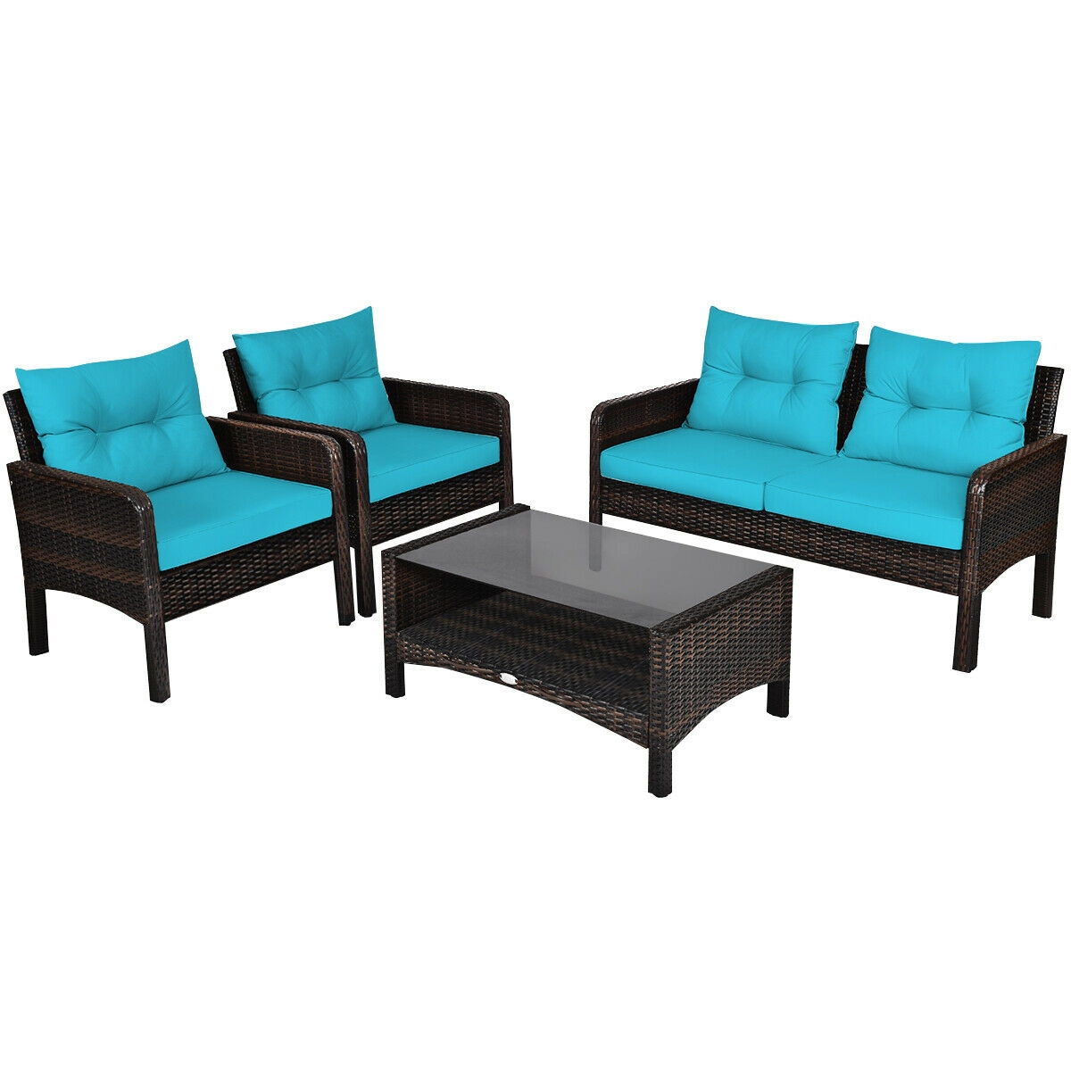 LJG 4 Pieces Outdoor Rattan Wicker Loveseat Furniture Set with Cushions