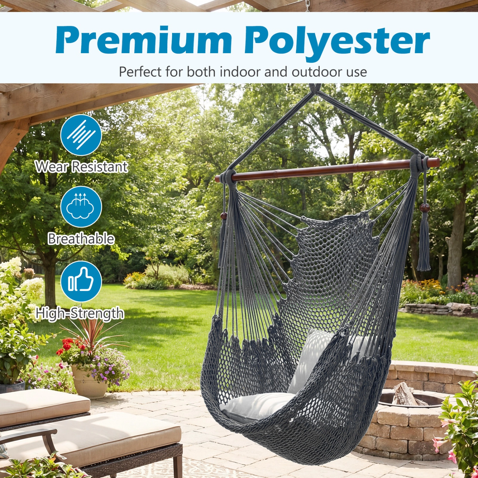 SUGIFT Caribbean Hammock Chair Gray with Metal Spreader Bar and Woven Rope Seat