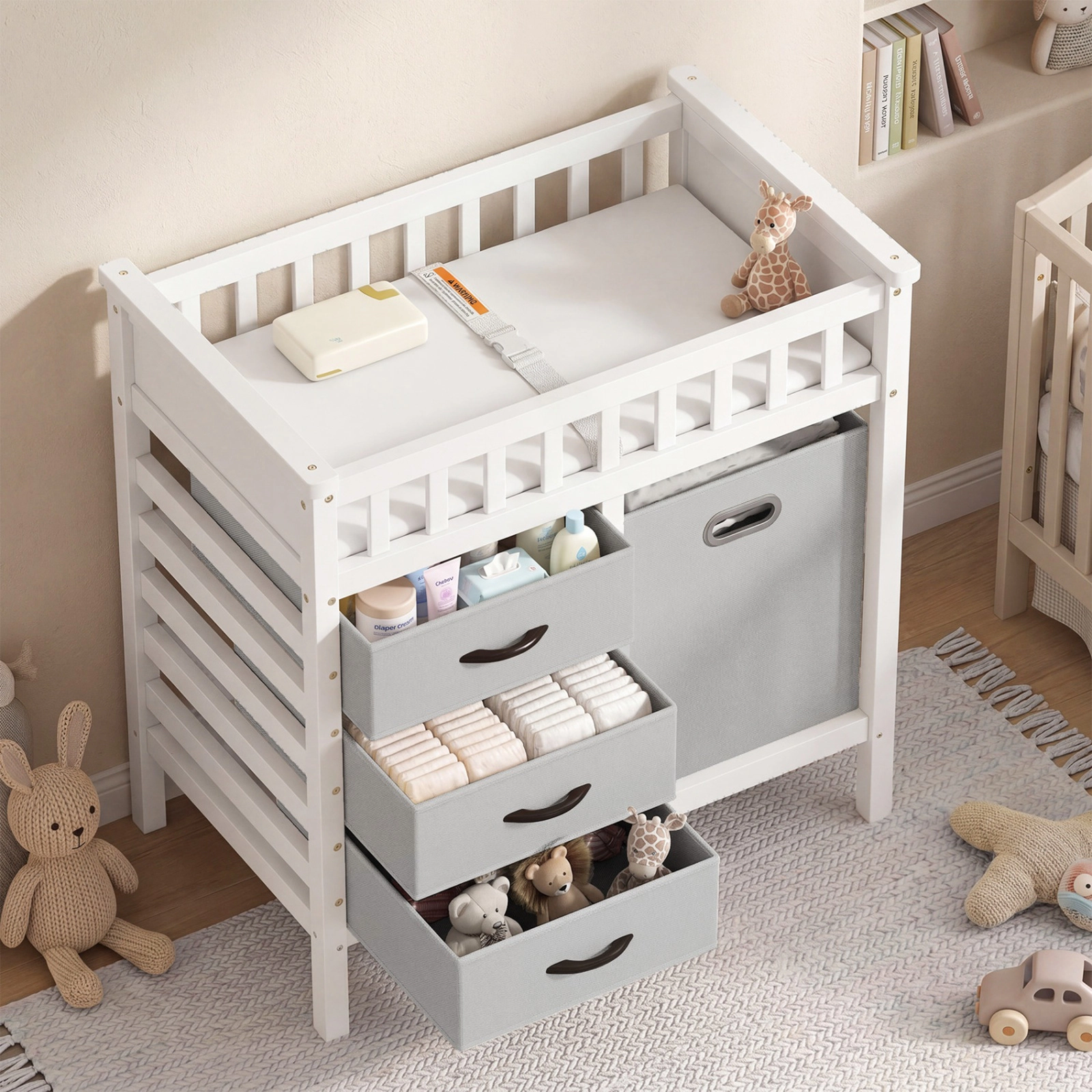 SUGIFT Gray 3 Fabric Drawers and Laundry Hamper Wooden Baby Changing Table