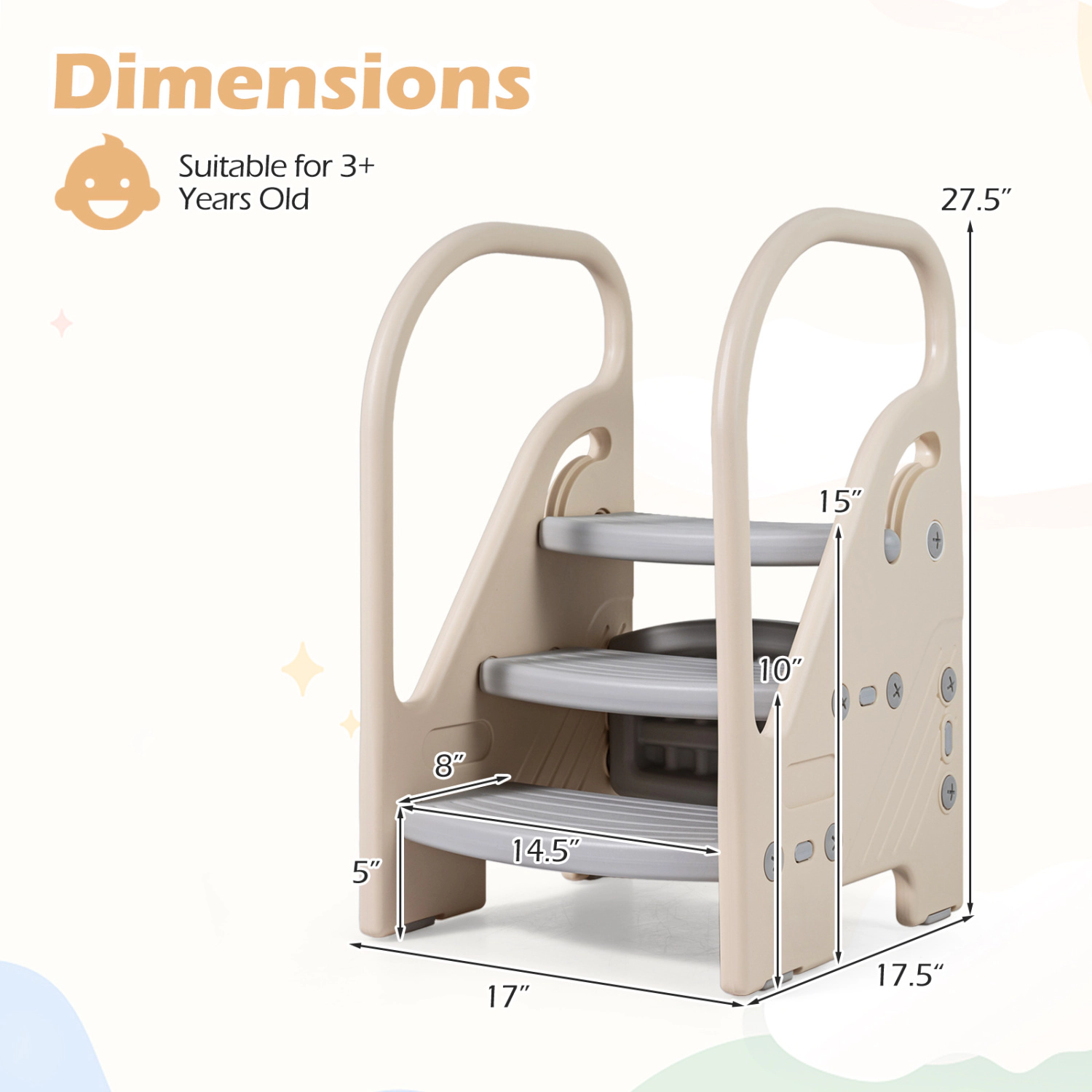 Hivvago Adjustable 3-Step Helper Stool with Safety Handles and for kids