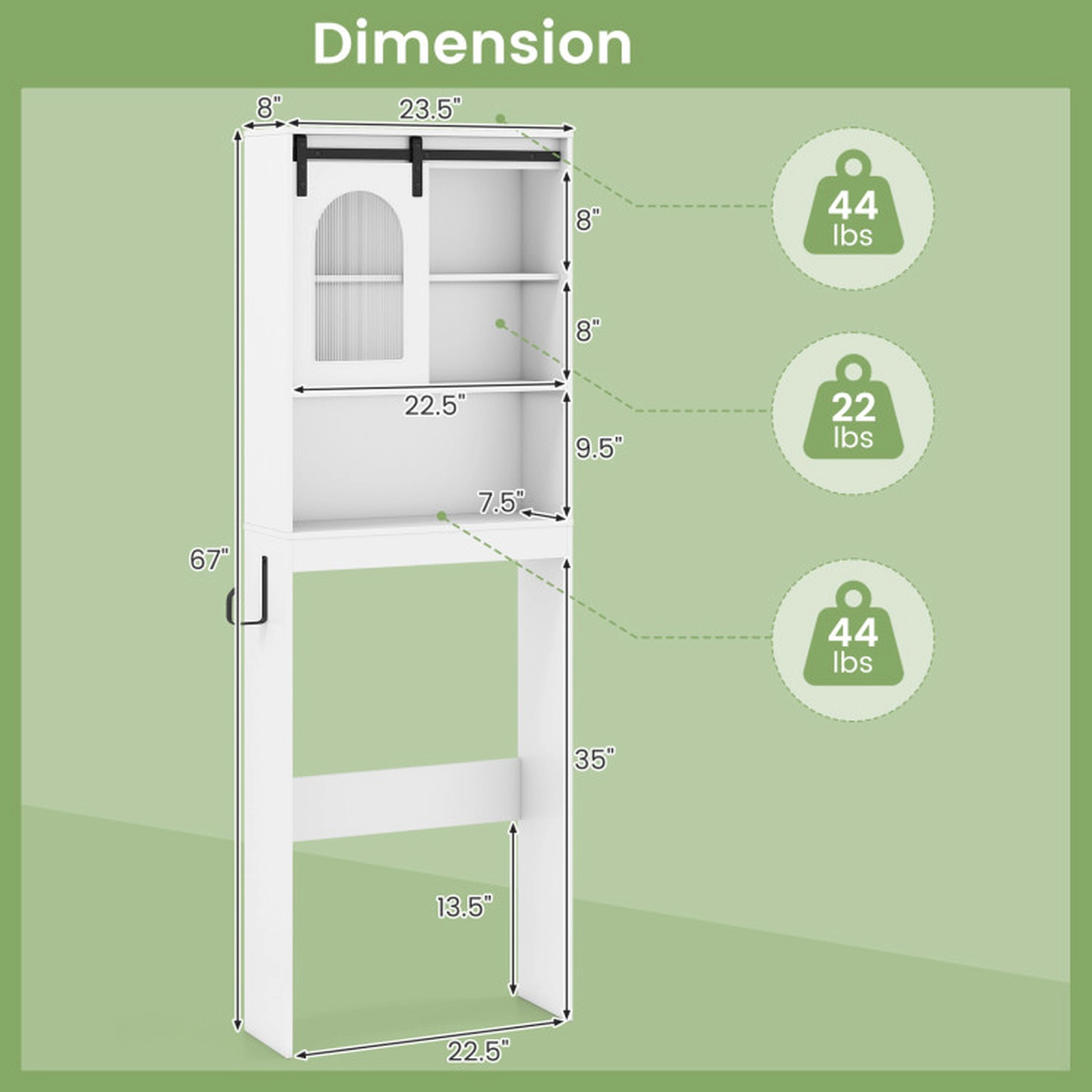 SUGIFT 67-in 44-lb Top Capacity White Over the Toilet Storage Cabinet with Sliding Barn Door and Hooks