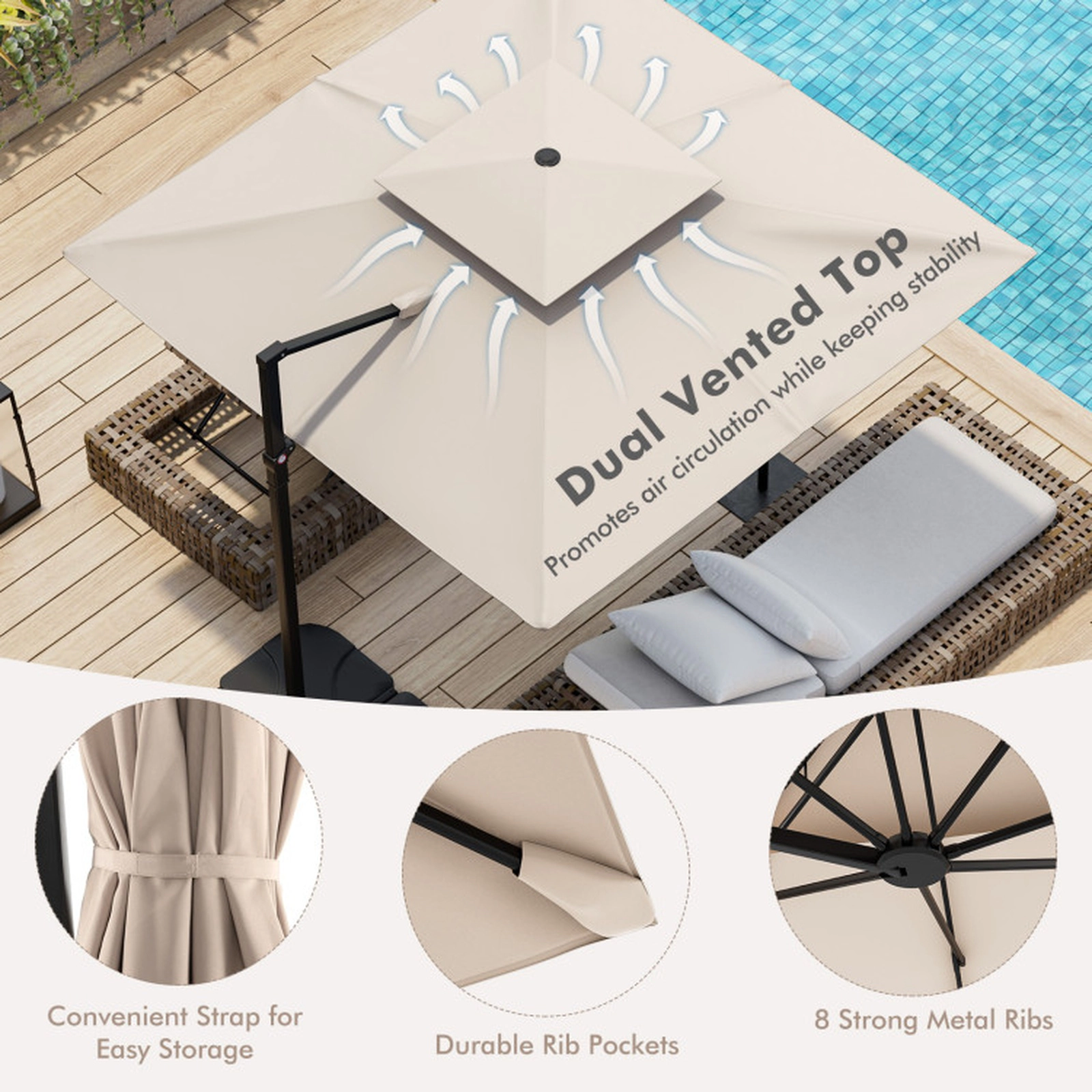 SUGIFT Beige Double Top and 360-Degree Rotation 9.5 FT Square Cantilever Patio Umbrella