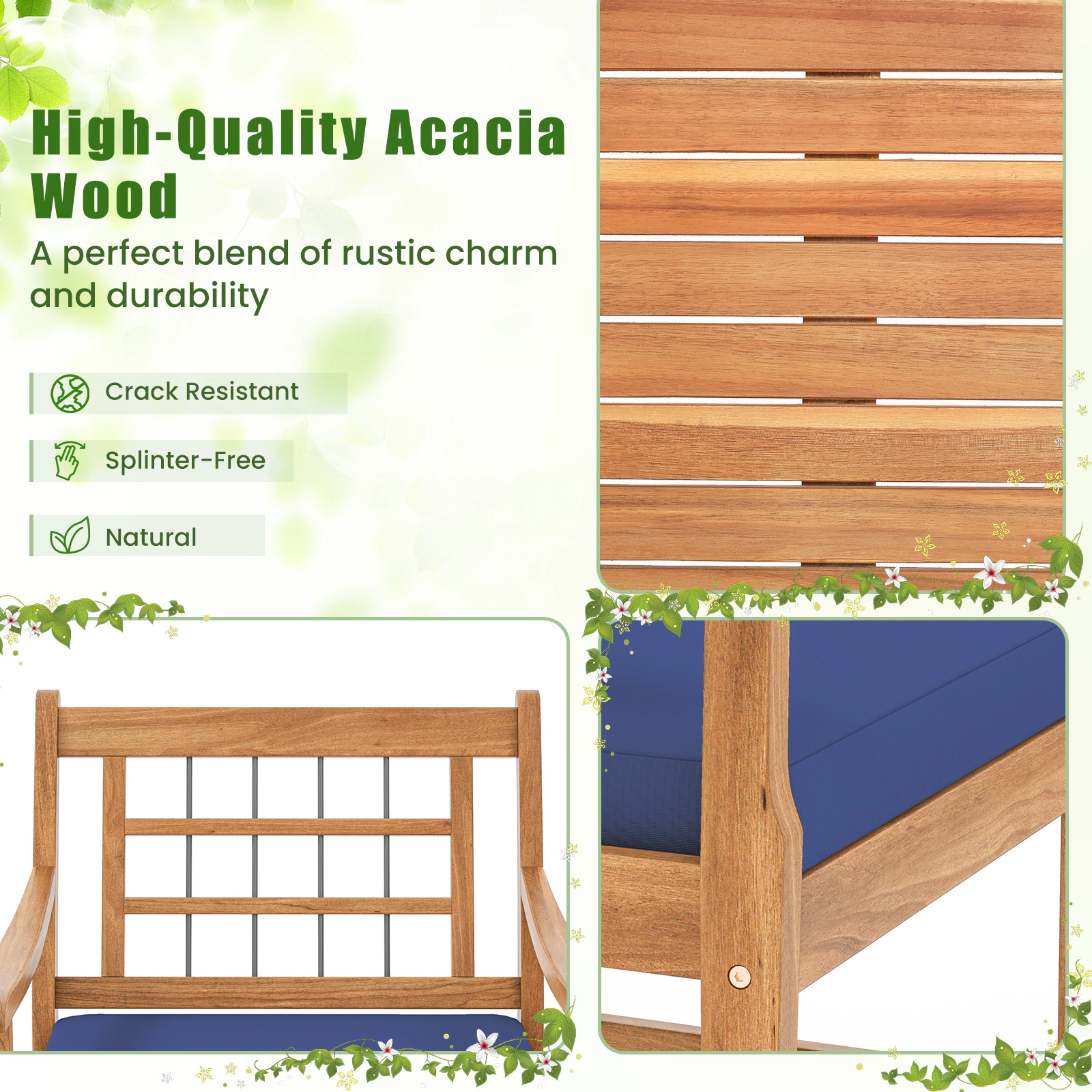 SUGIFT 3 Piece Acacia Wood Patio Conversation Set Seat Cushions & Coffee Table 400-lb Chairs Natural Frame Navy Cushions