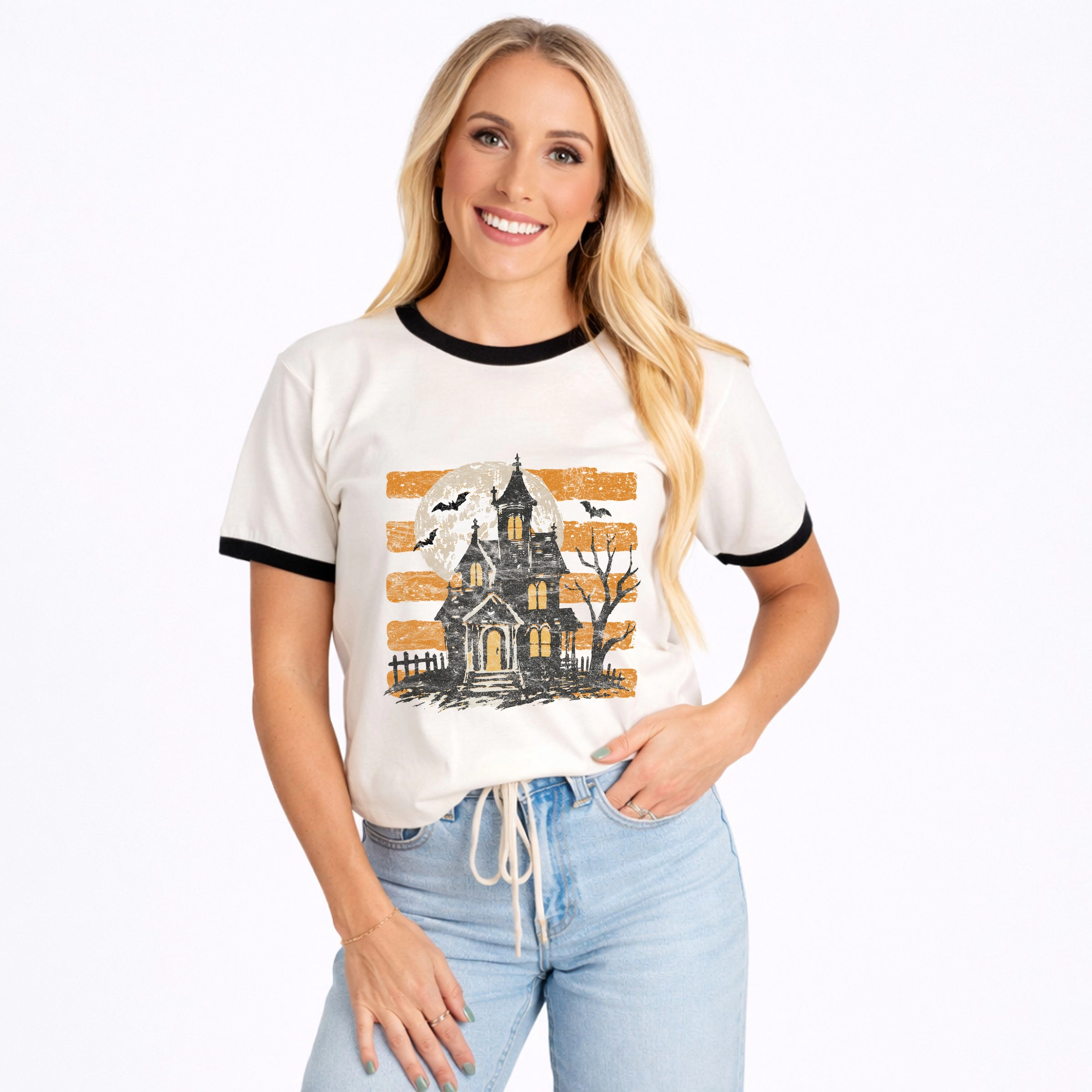 Simply Sage Market - Women's Ringer Graphic T-Shirt Haunted House Orange Stripes