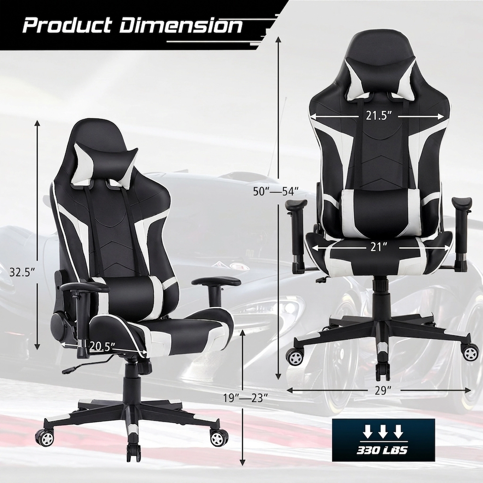 SUGIFT Reclining Swivel Massage Gaming Chair Lumbar Support 330-Lb Capacity 29-in Wide Seat Adjustable Backrest White
