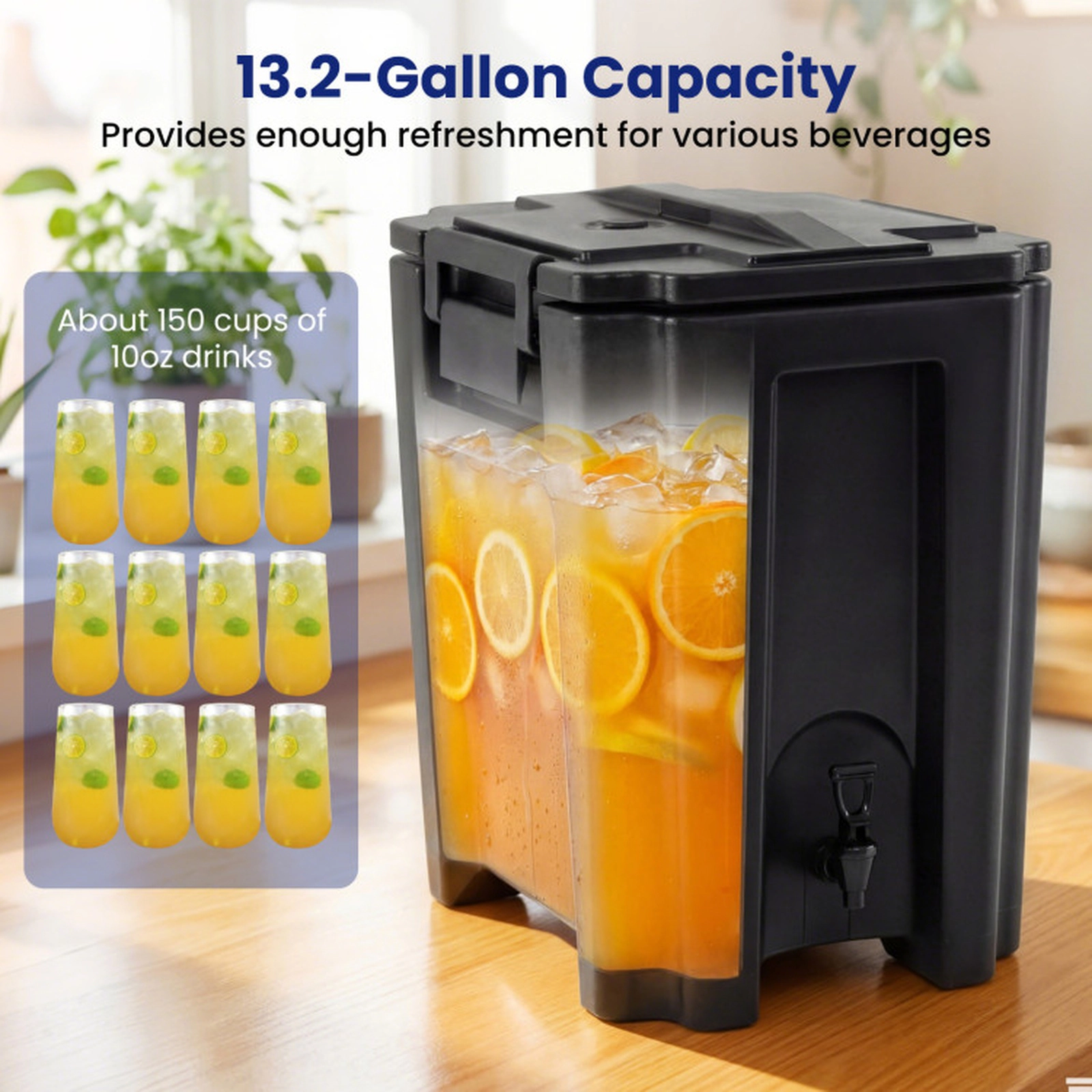 SUGIFT 13.2-gal Black Triple-Layer Insulated Beverage Dispenser with Drip-Proof Faucet and Handles