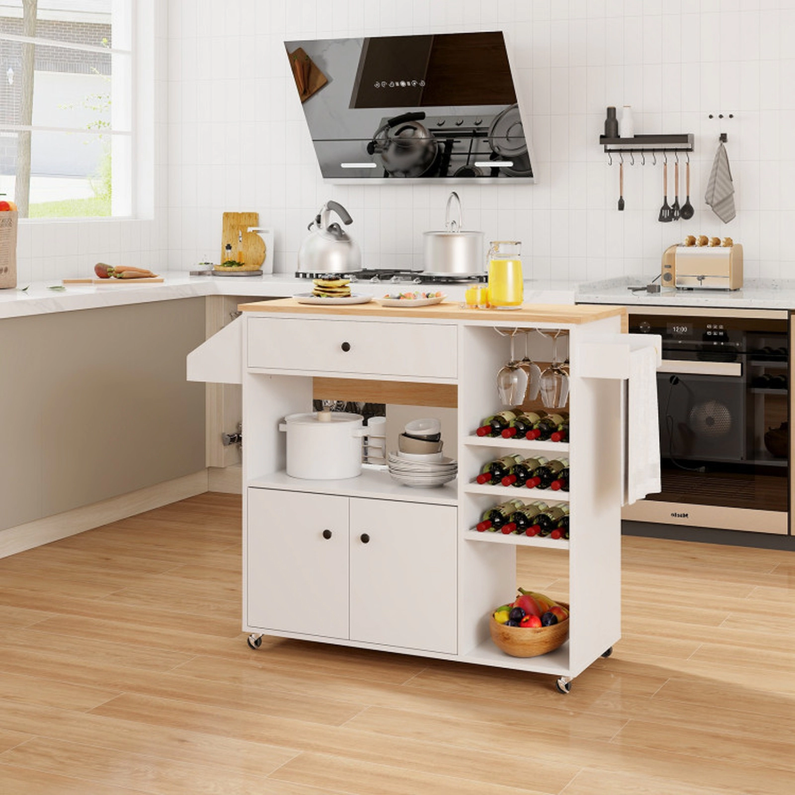 SUGIFT Drop Leaf Mobile Kitchen Island White with Power Outlet and Adjustable Shelf
