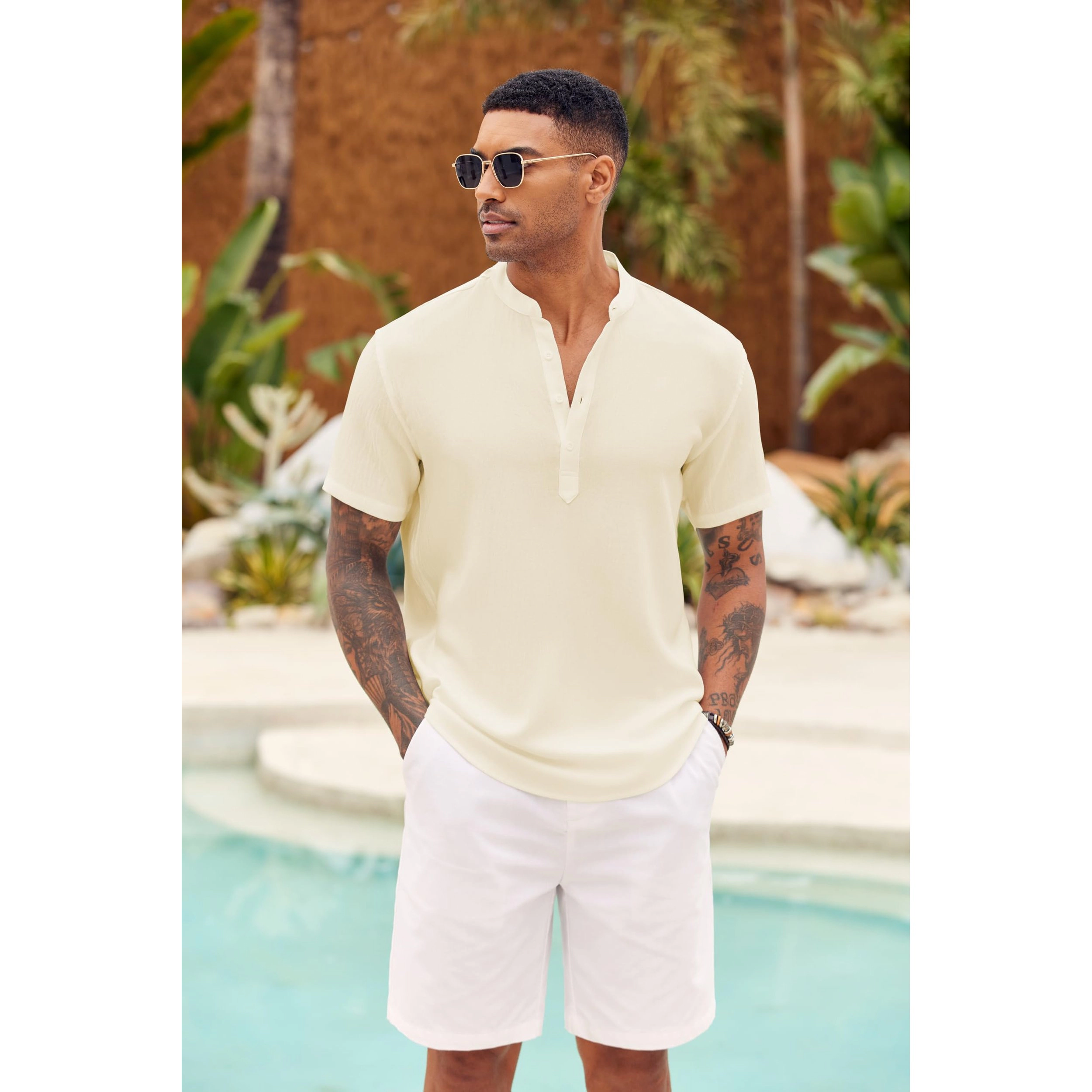 COOFANDY Mens Short Sleeve Henley V Neck Shirt Button Placket Casual  Tops