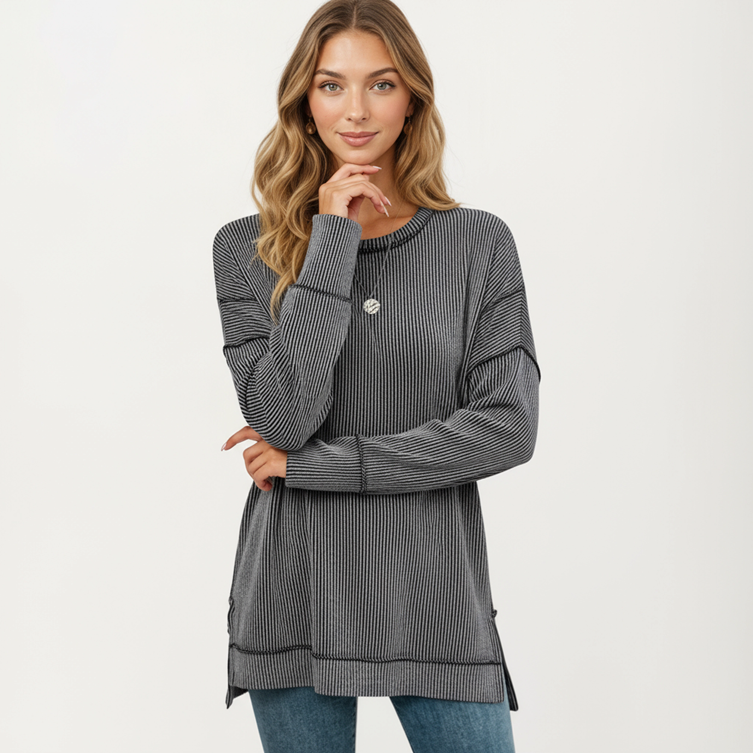 Anna-Kaci Women's Ribbed Side Slit Crew Neck Long Sleeve Pullover Knit Top