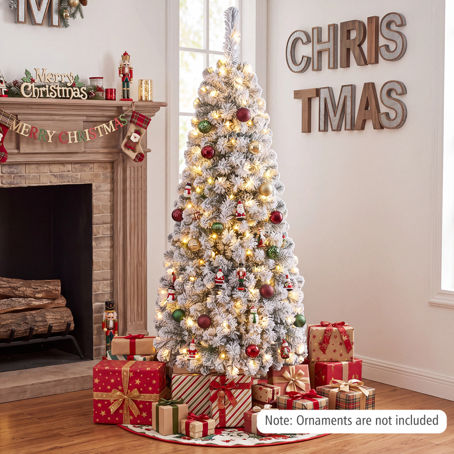 LJG 4.5 Feet Pre-Lit Snow Flocked Pencil Christmas Tree with 150 LED Light