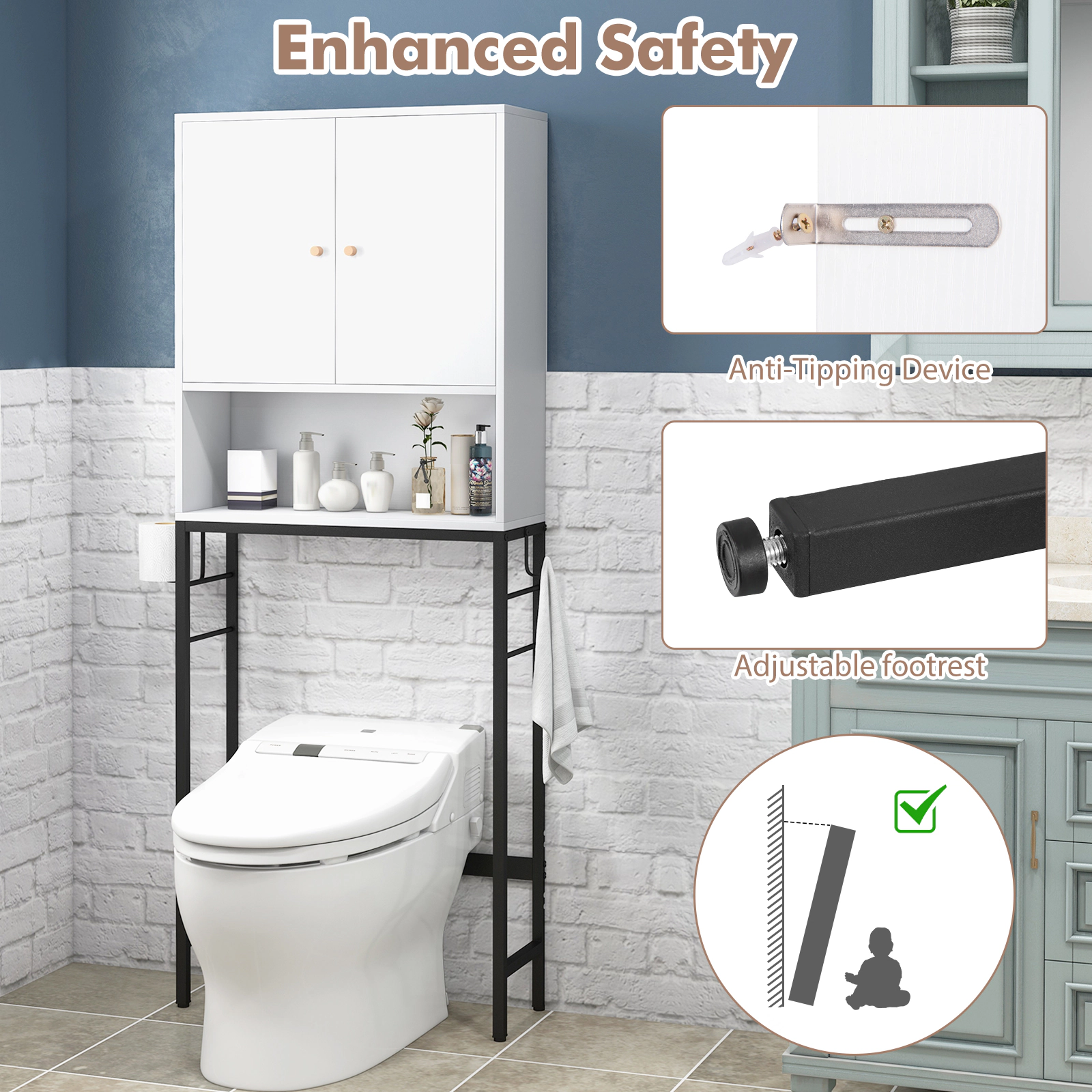 SUGIFT White 62.5-in 132-lb Capacity Over the Toilet Bathroom Storage Cabinet with 2 Doors and Shelf