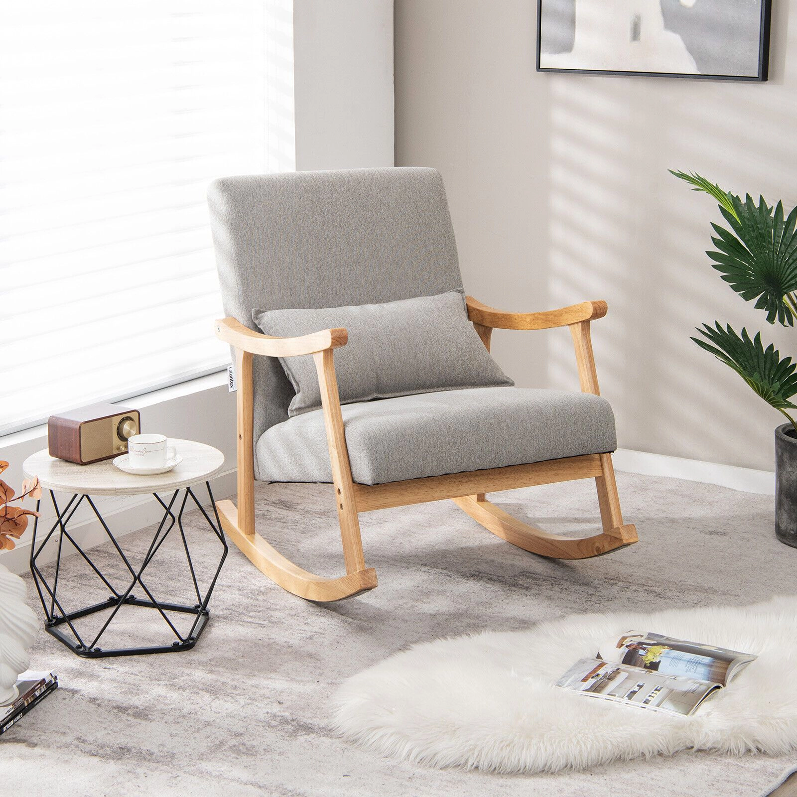 SlickBlue Gray Rocking Chair with Faux Linen Seat & Rubber Wood Frame