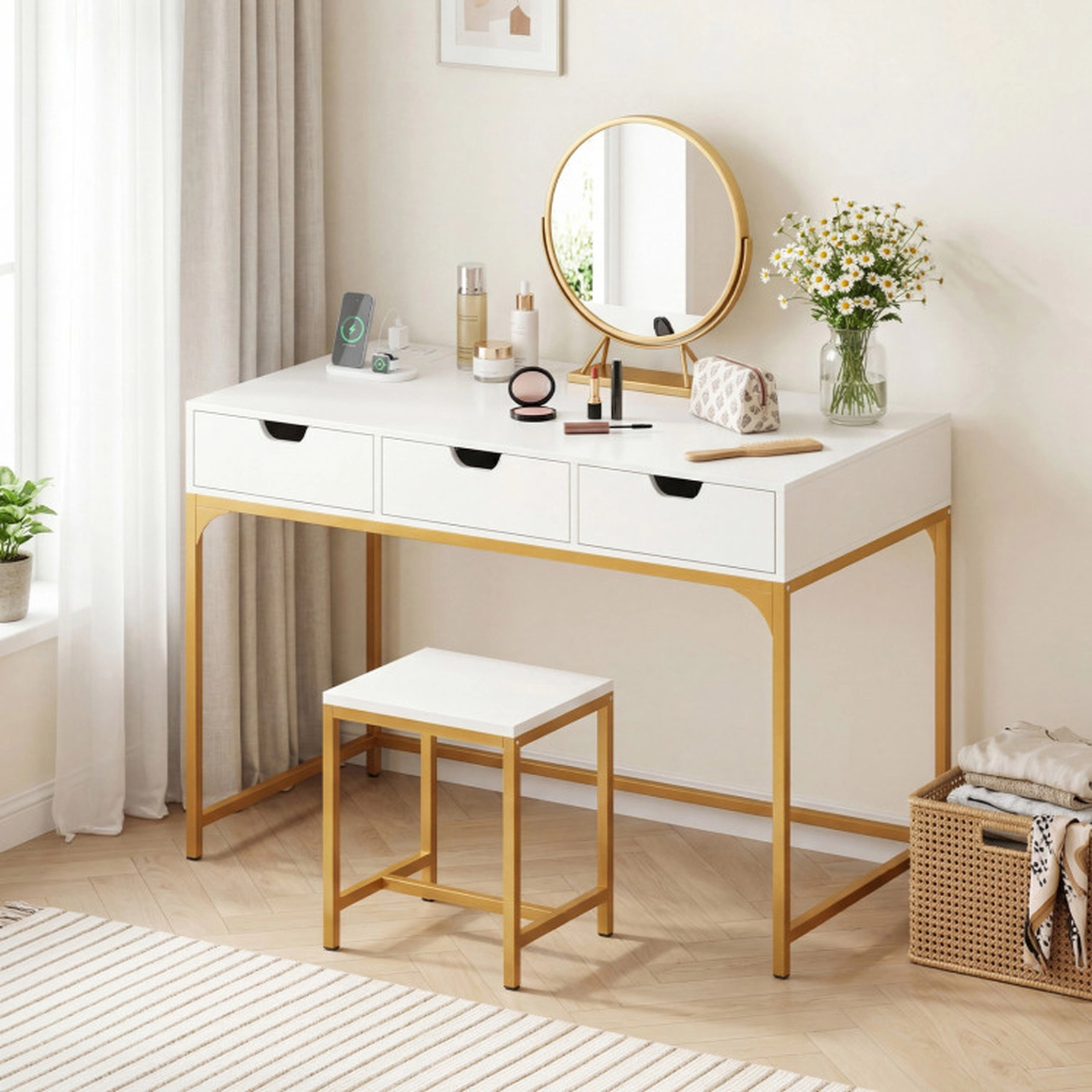 SUGIFT Office Desk with Power Outlets Hidden Compartment and Drawers 200-Lb Capacity 43.5-in Wide Engineered Wood White