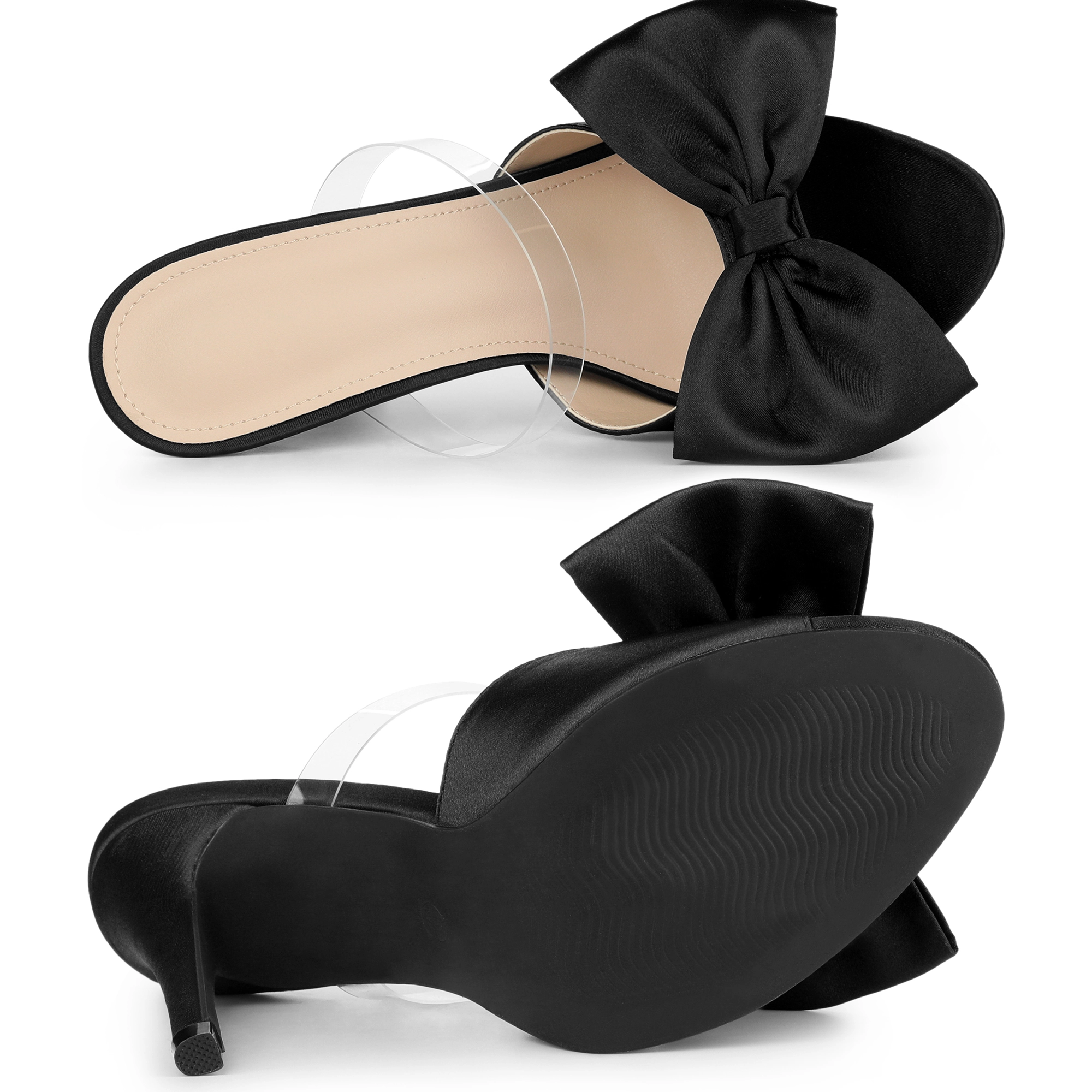 BLISSFUL STEP Women's Satin Bow Clear Strap Stiletto Heels Mules Sandals