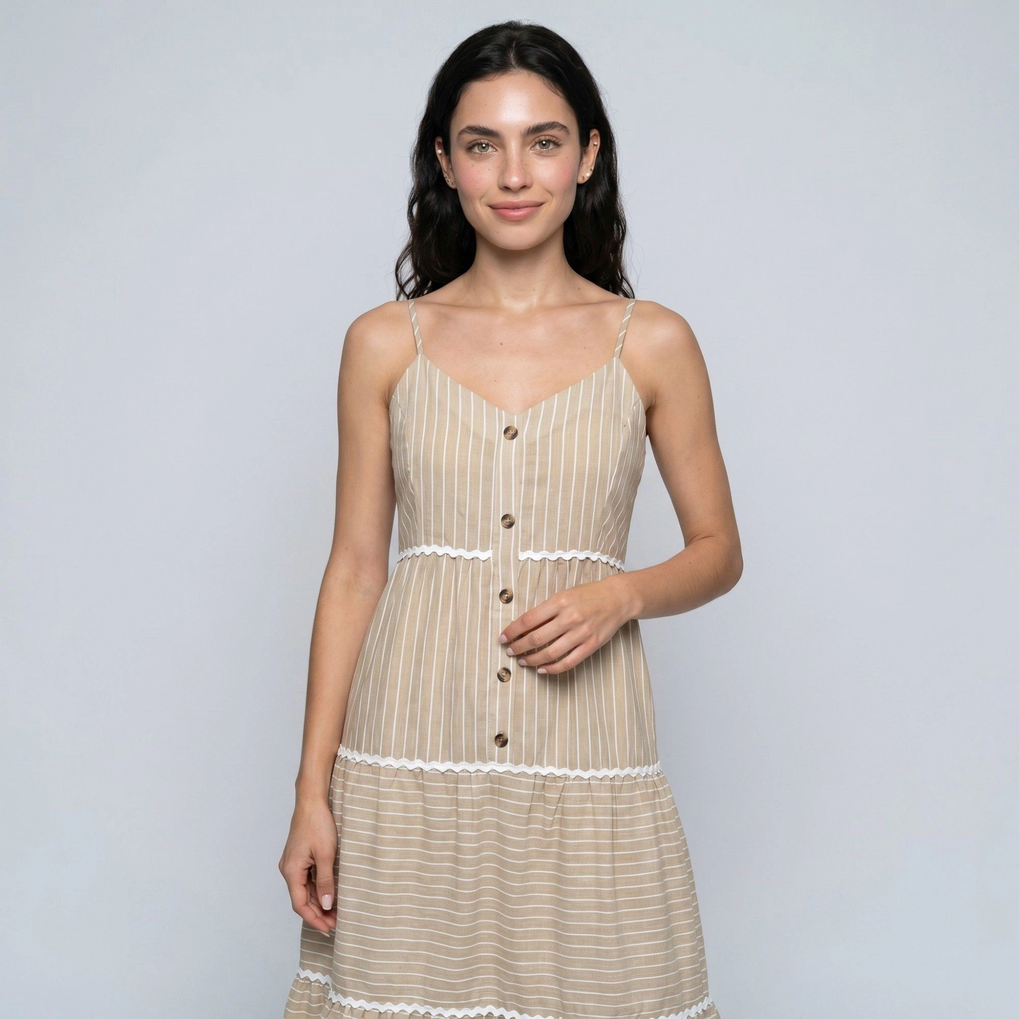 Anna-Kaci Women's Striped Spaghetti Strap Button Front Rickrack Trim Tiered Skirt A-Line Midi Dress