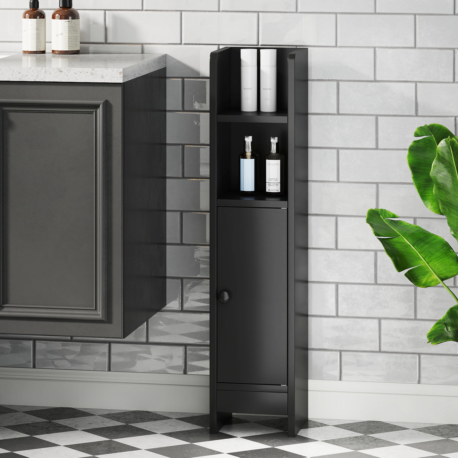 SUGIFT Corner Slim Door Adjustable Shelf Freestanding Bathroom Floor Cabinet 8-in x 7-in x 31.5-in 44-lb Capacity Black