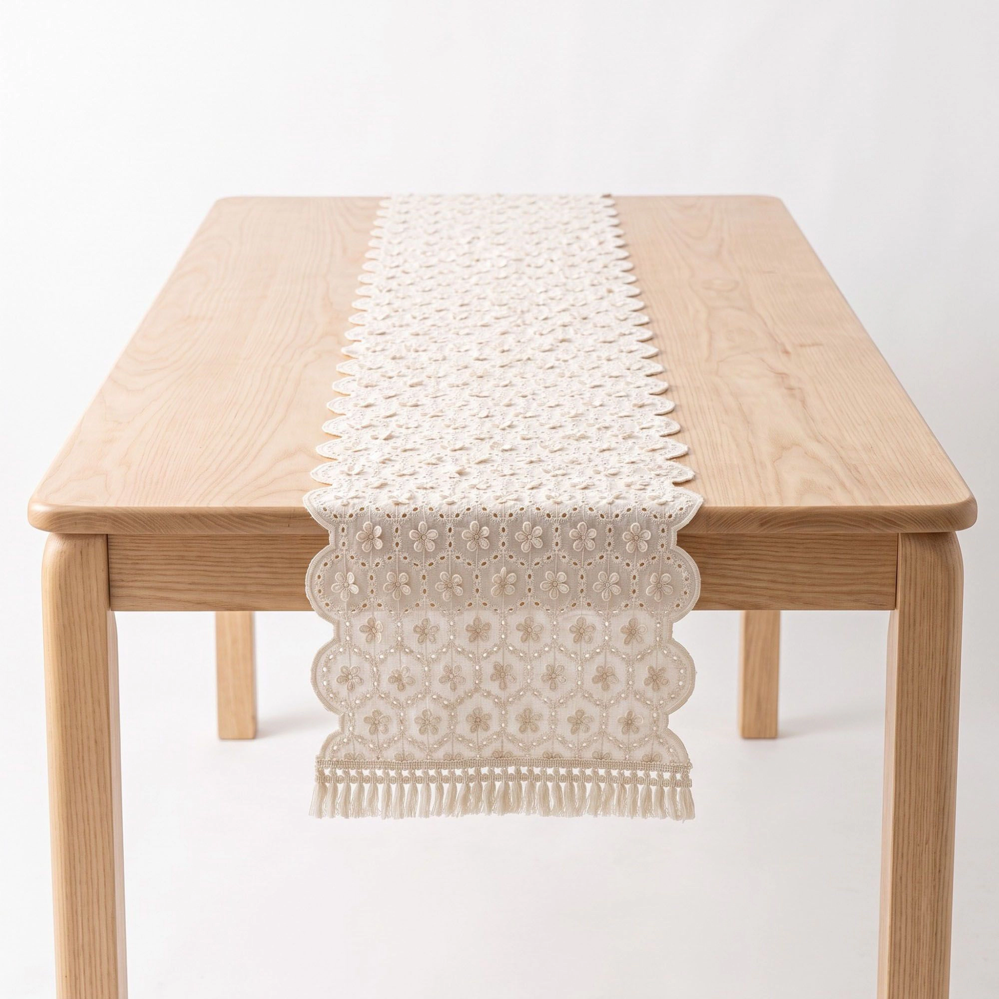 Alilang Unisex Ivory Floral Embroidered Table Runner with Fringe 13x47.2in