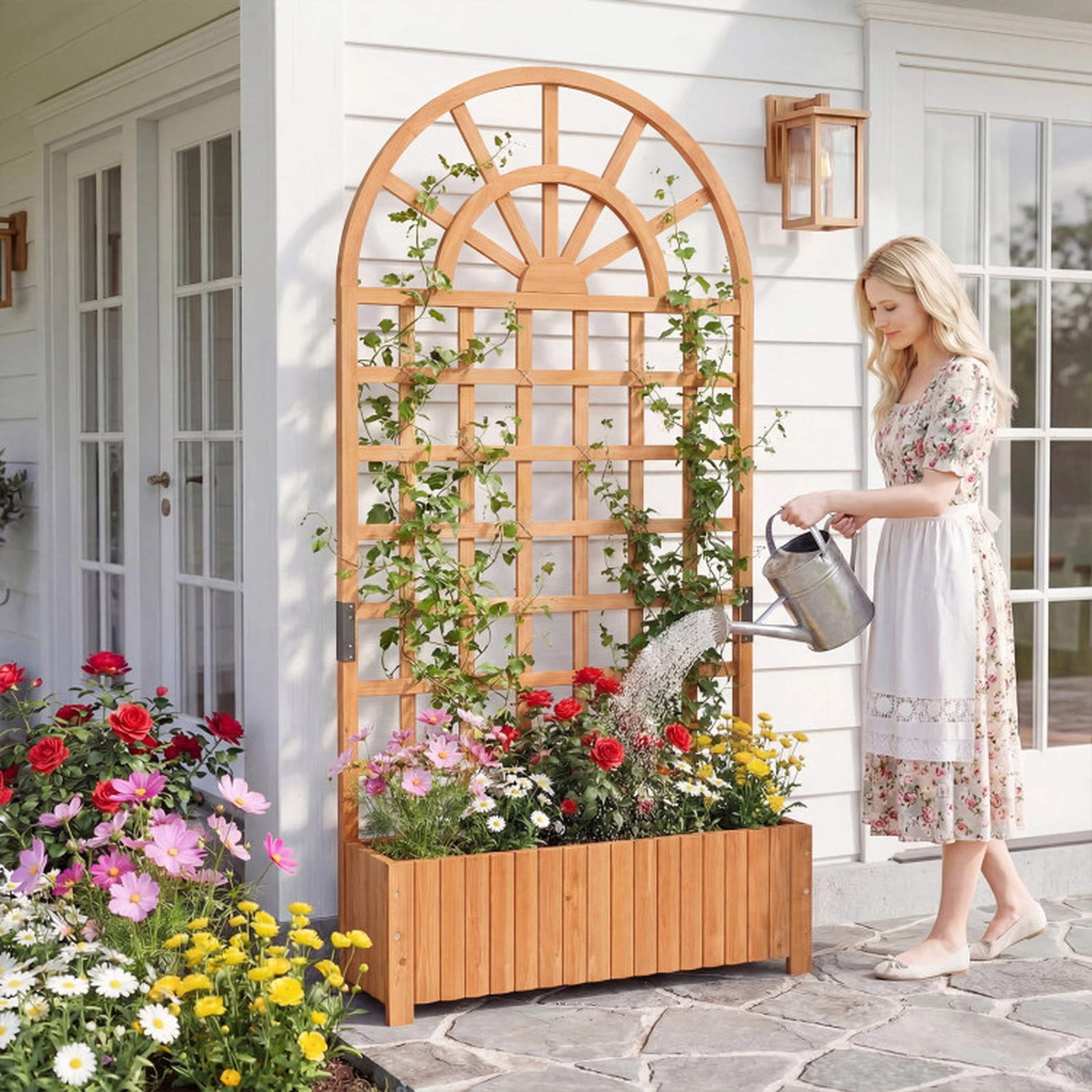 SUGIFT Set of 2 Wooden Raised Garden Bed Planter Boxes with Trellis 88-lb Capacity 71-in Tall Fir Wood Brown/Natural