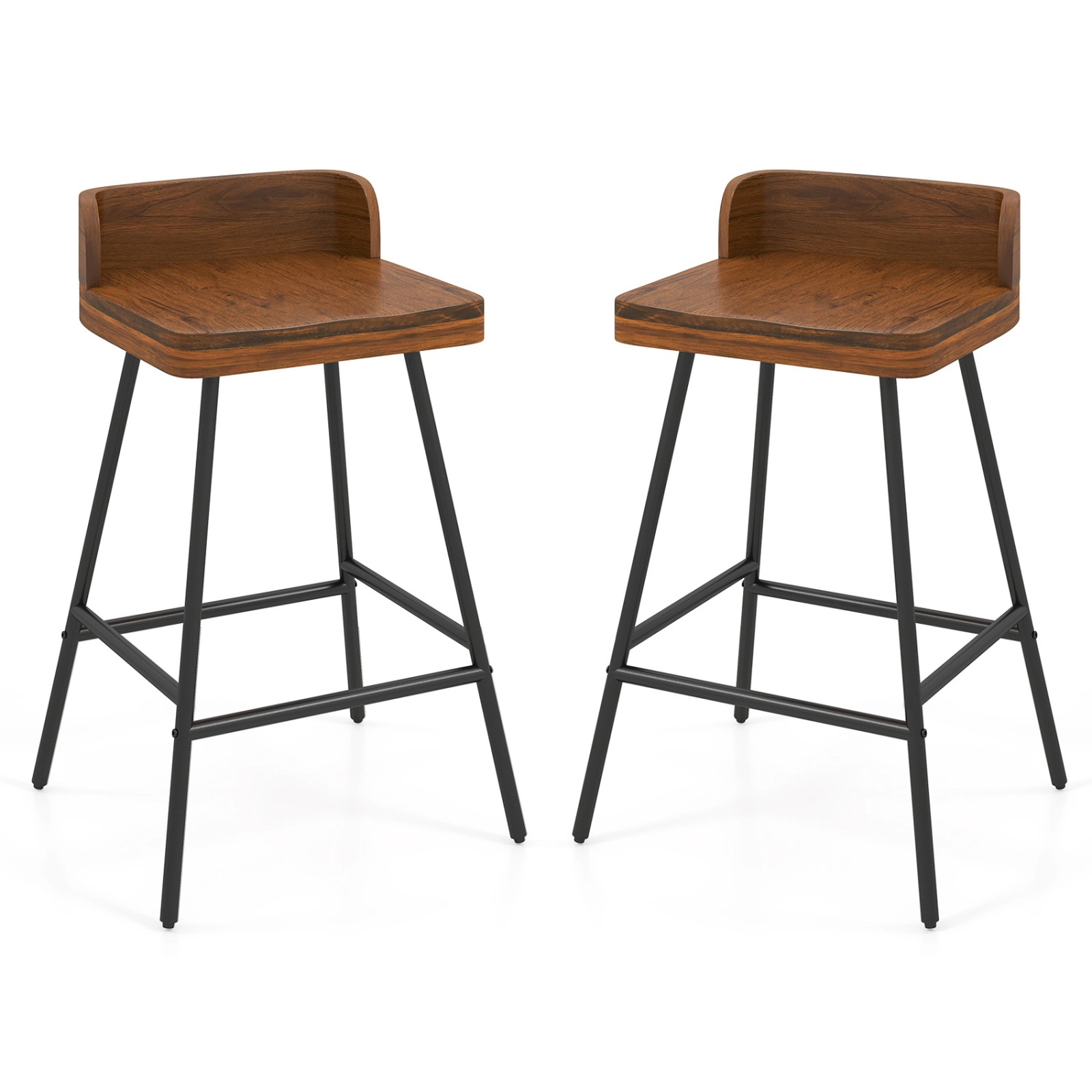 SUGIFT Low Back Metal Legs and Footrest Set of 2 Walnut Counter Height Bar Stools