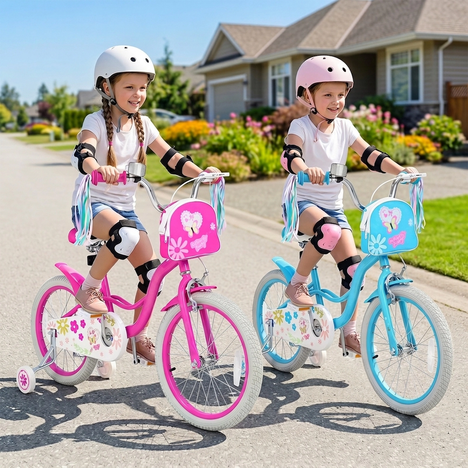 18-in Girls Bike with Front Bag Kickstand Streamers and Removable Training Wheels for Ages 4-8 Anti-Slip Grip Bicycle