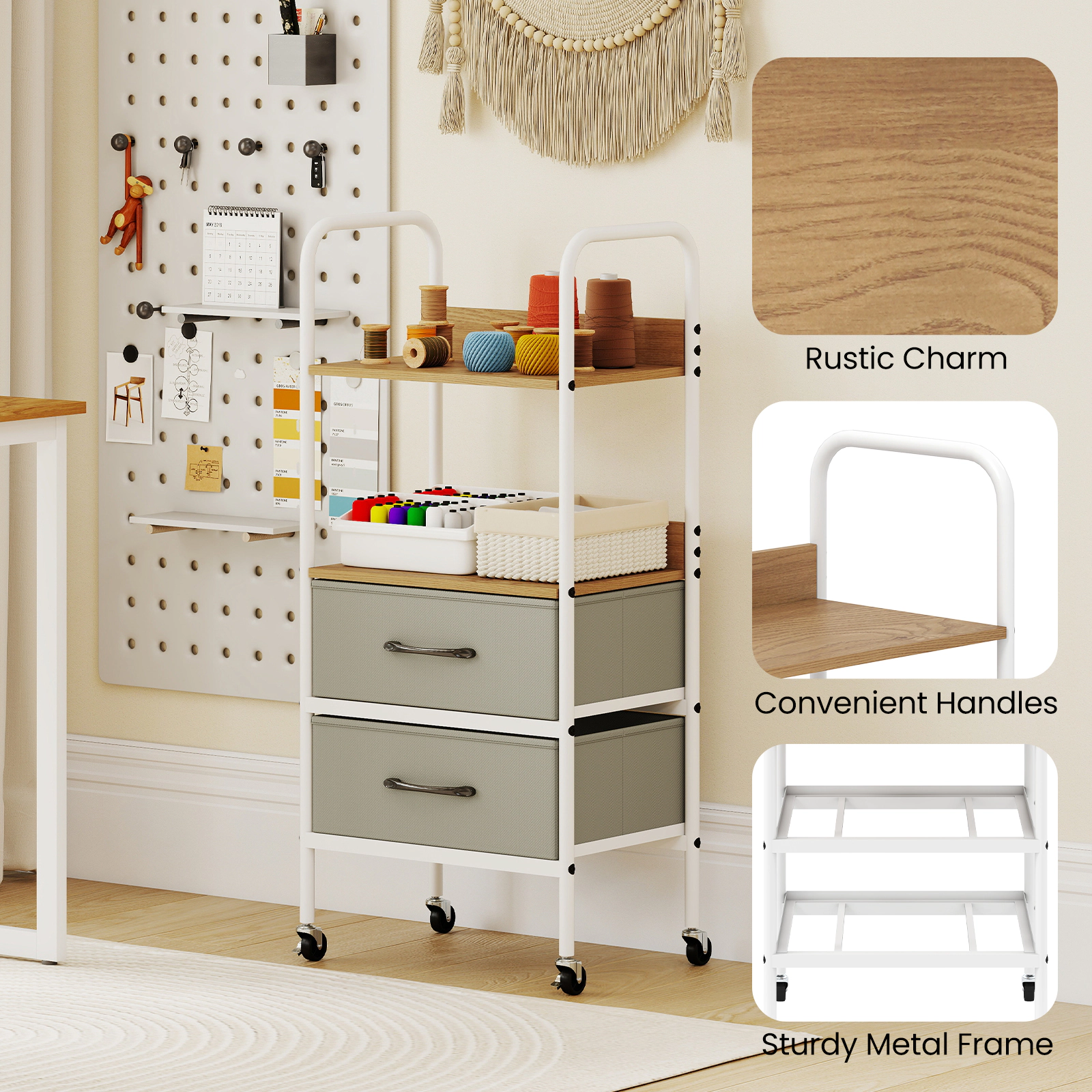 SUGIFT Rolling Utility File Storage Cart 2 Open Shelves & 2 Fabric Drawers 22-lb Shelf Capacity Natural + Gray + White