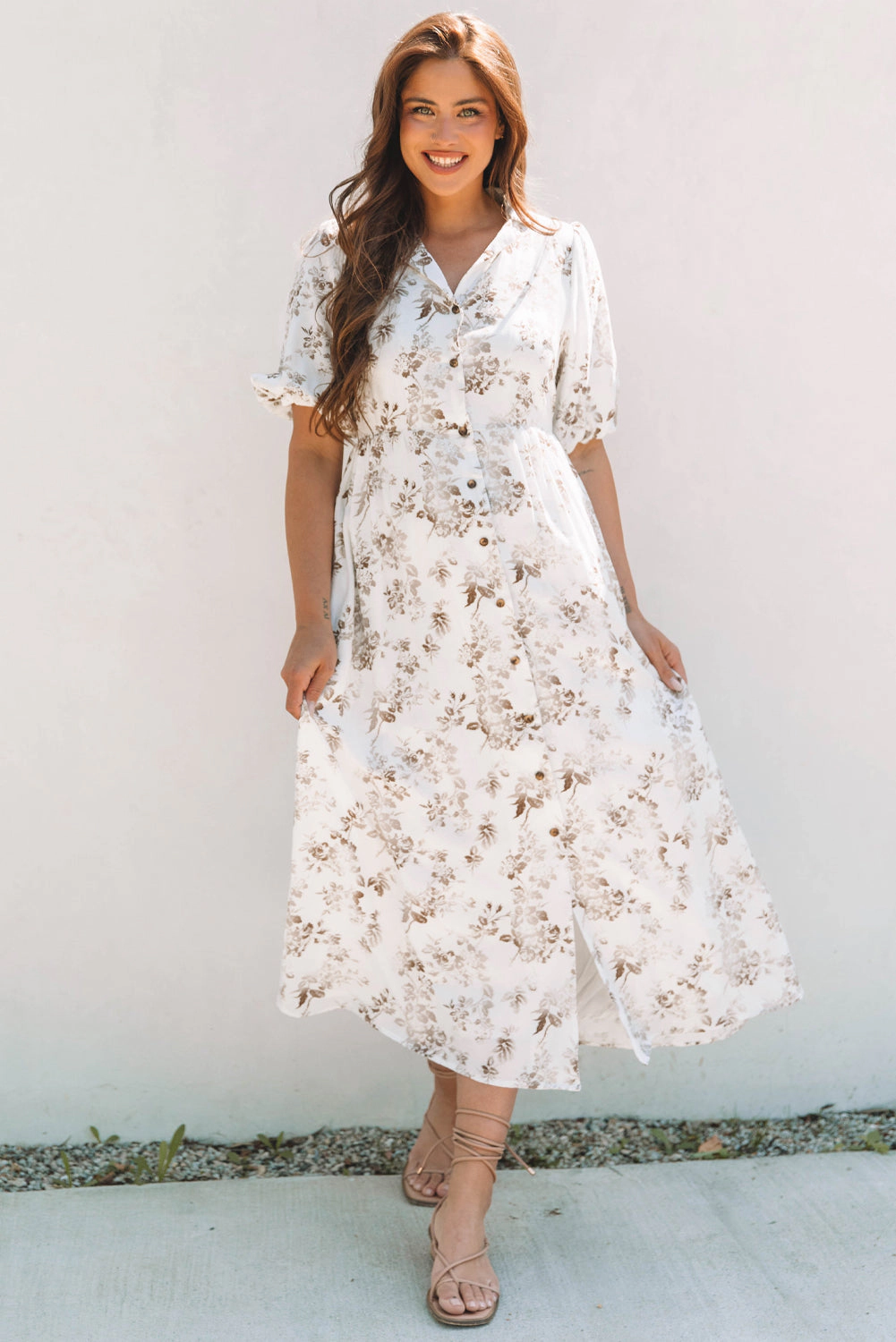 Threaded Pear Women's Iliana Floral Puff Sleeve V Neck Buttoned Front Maxi Dress