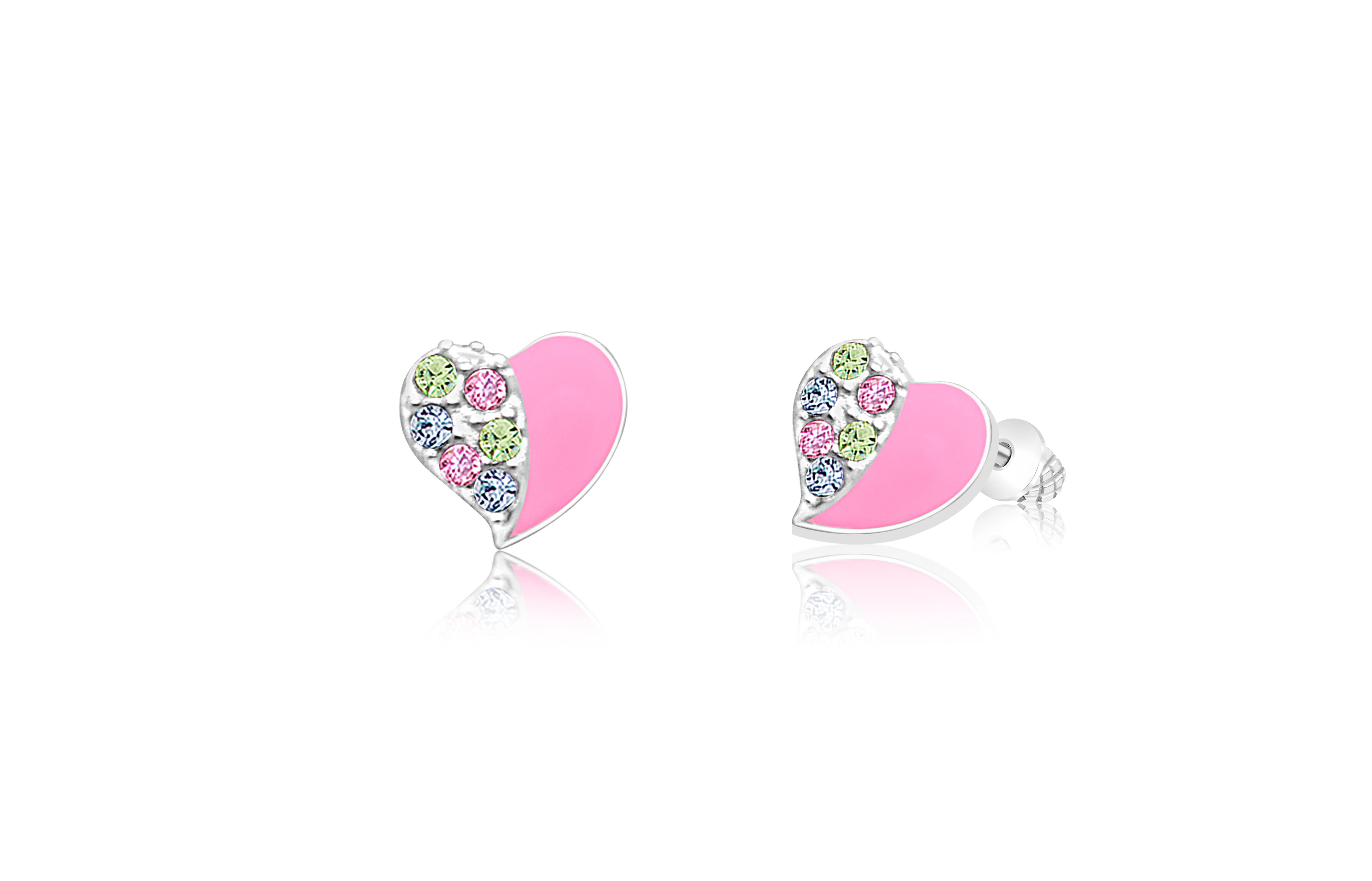 CHANTEUR Kids Heart Pink Crystal Stud Earrings - White Gold Palladium Finish, Screw-Back Surgical Steel Posts