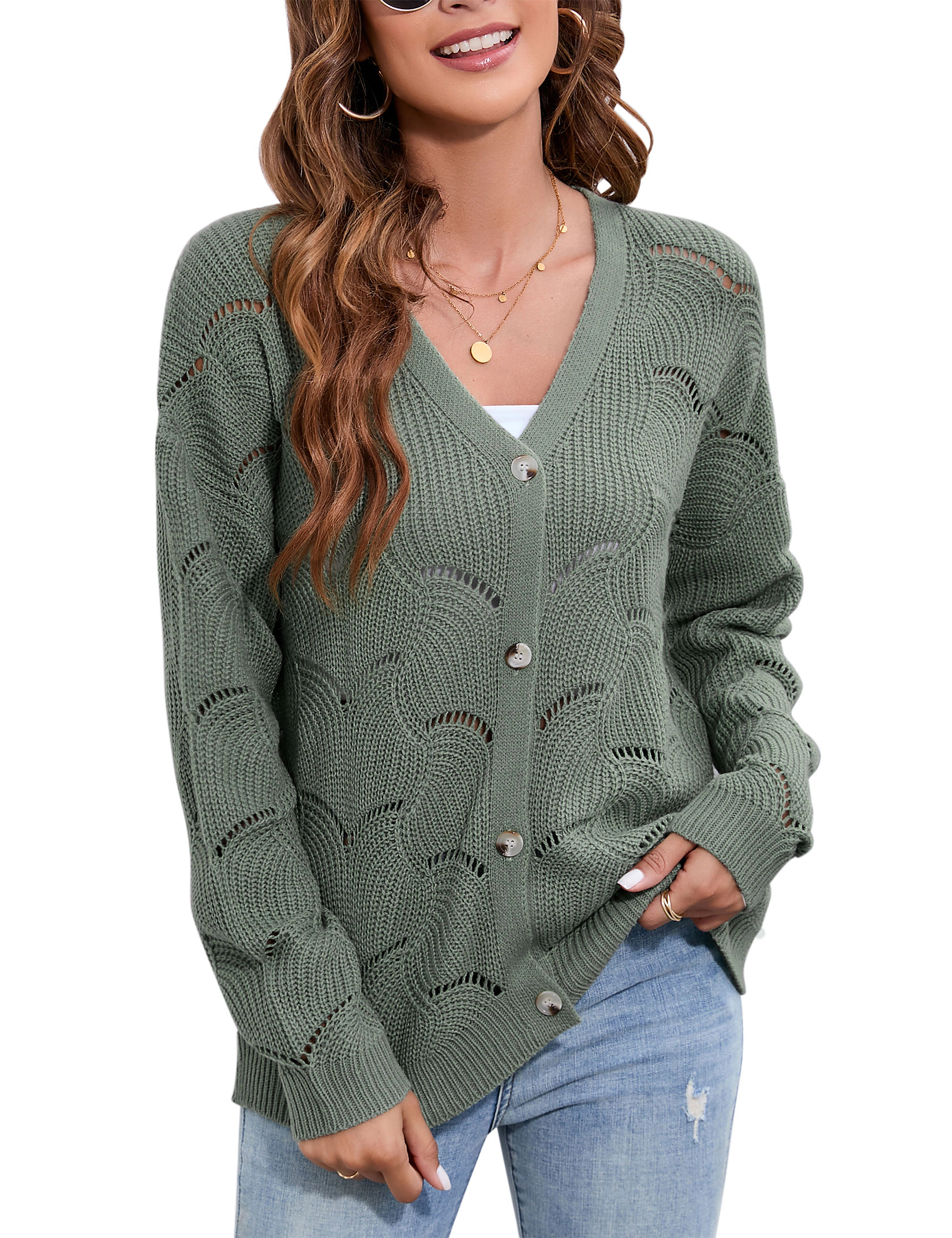 KOJOOIN Women's Openwork Knit Cardigan V Neck Button Down Hollow Wave Texture Loose Sweater Coat