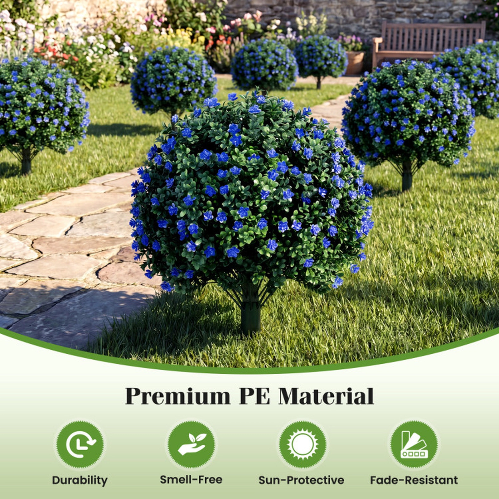 SUGIFT Set of 2 27.5-in Artificial Camellia Boxwood Topiary Ball Trees with Purple Flowers and 8-in Spikes