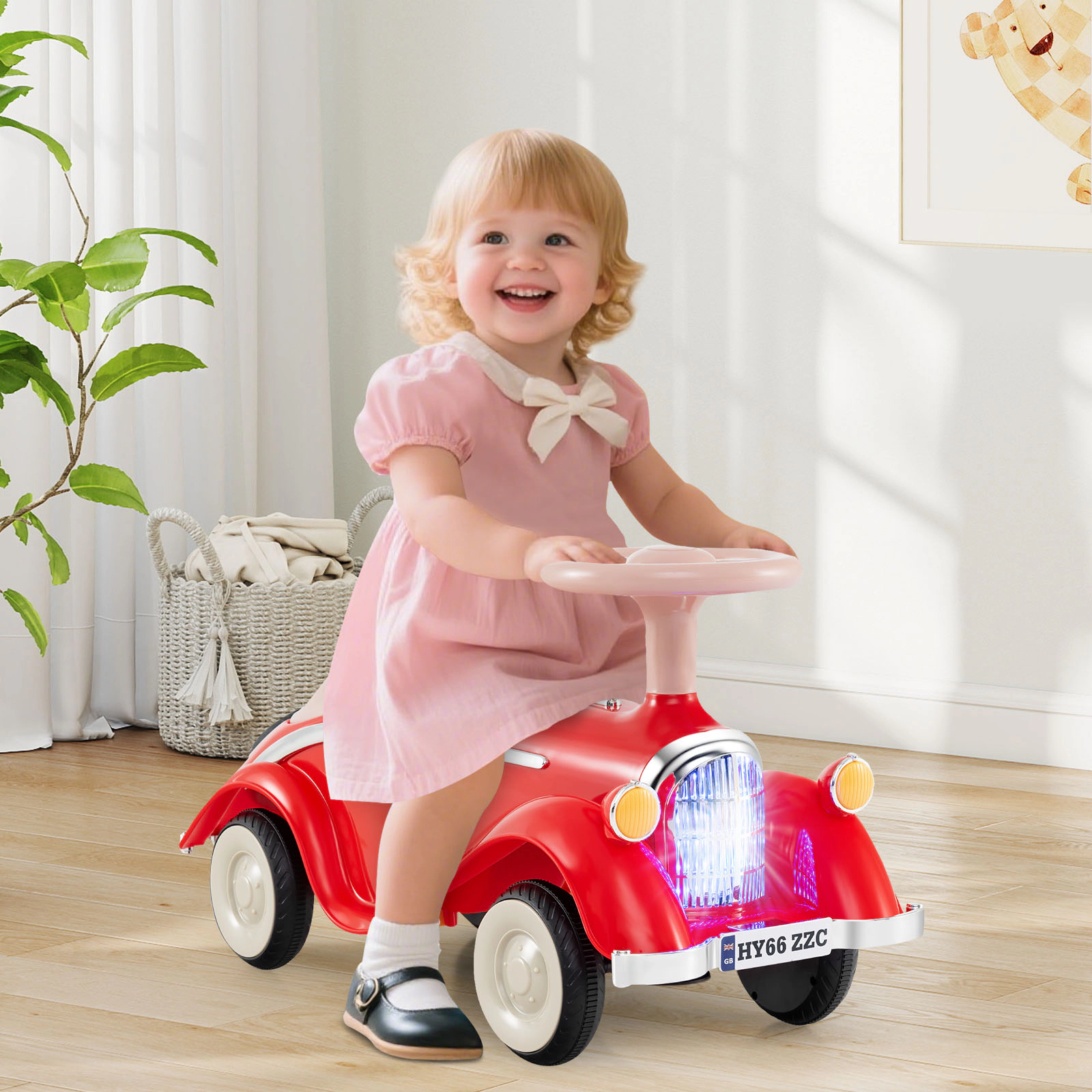 SUGIFT Red Horn LED Headlight and Under Seat Storage Toddler Ride On Classic Sliding Car